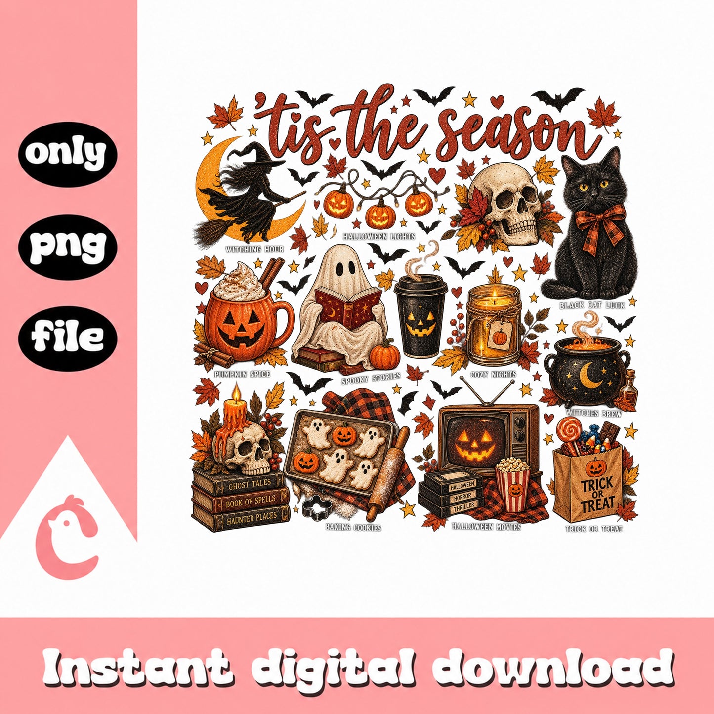 Tis The Season Halloween Clipart Bundle, Fall Autumn PNG, Spooky SVG