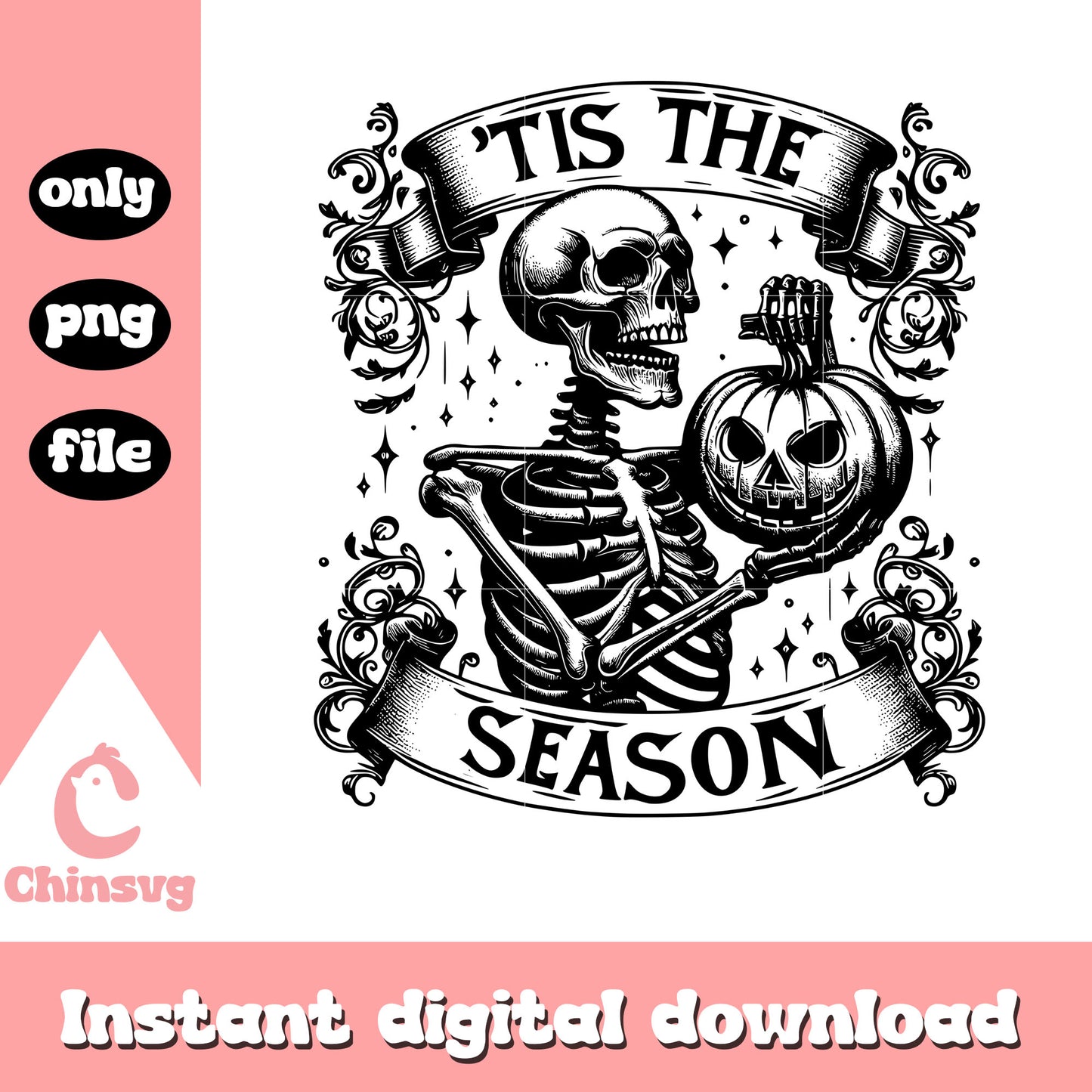 Tis the season skeleton pumpkin png, horror pumpkin png