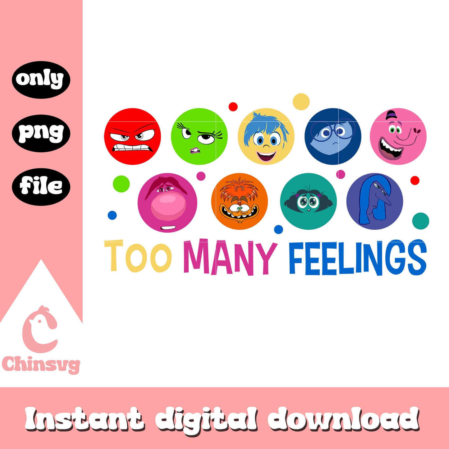 Too many feelings design png, inside out 2 in disney plus png