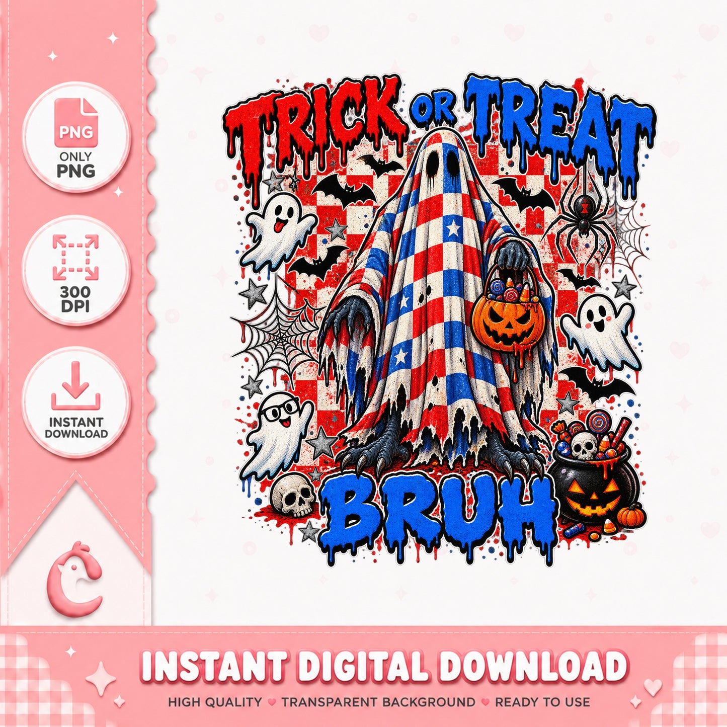 Trick Or Treat Bruh Gnome PNG, Halloween Patriotic, Ghost PNG