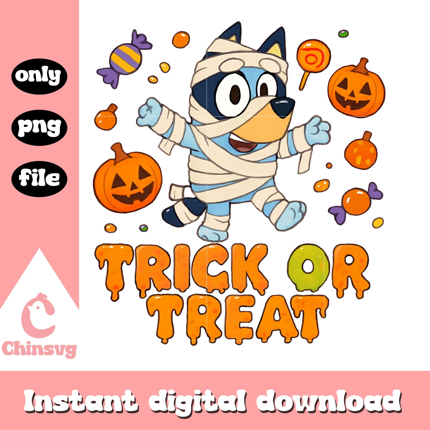 Trick or treat bluey mummy png, halloween mummy decor png