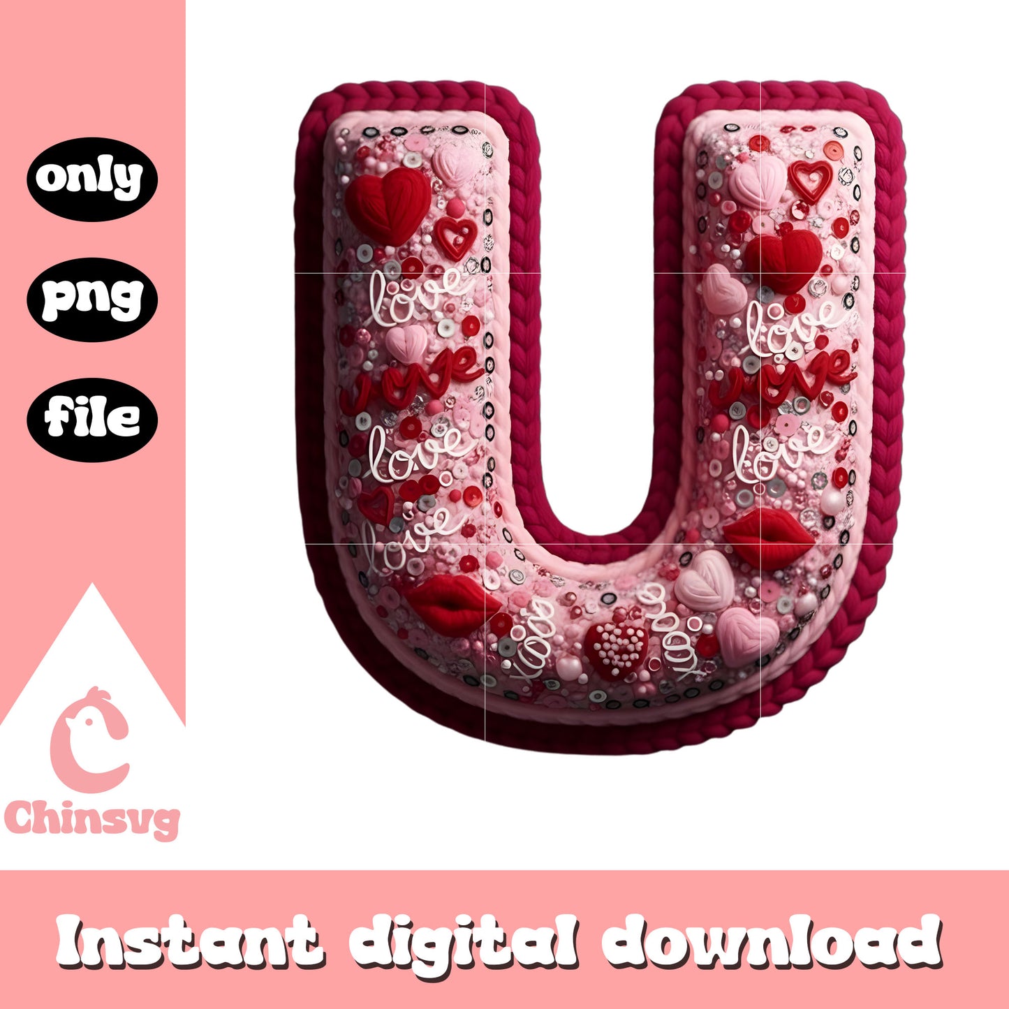U crochet love valentine png, valentine's day alphabet png