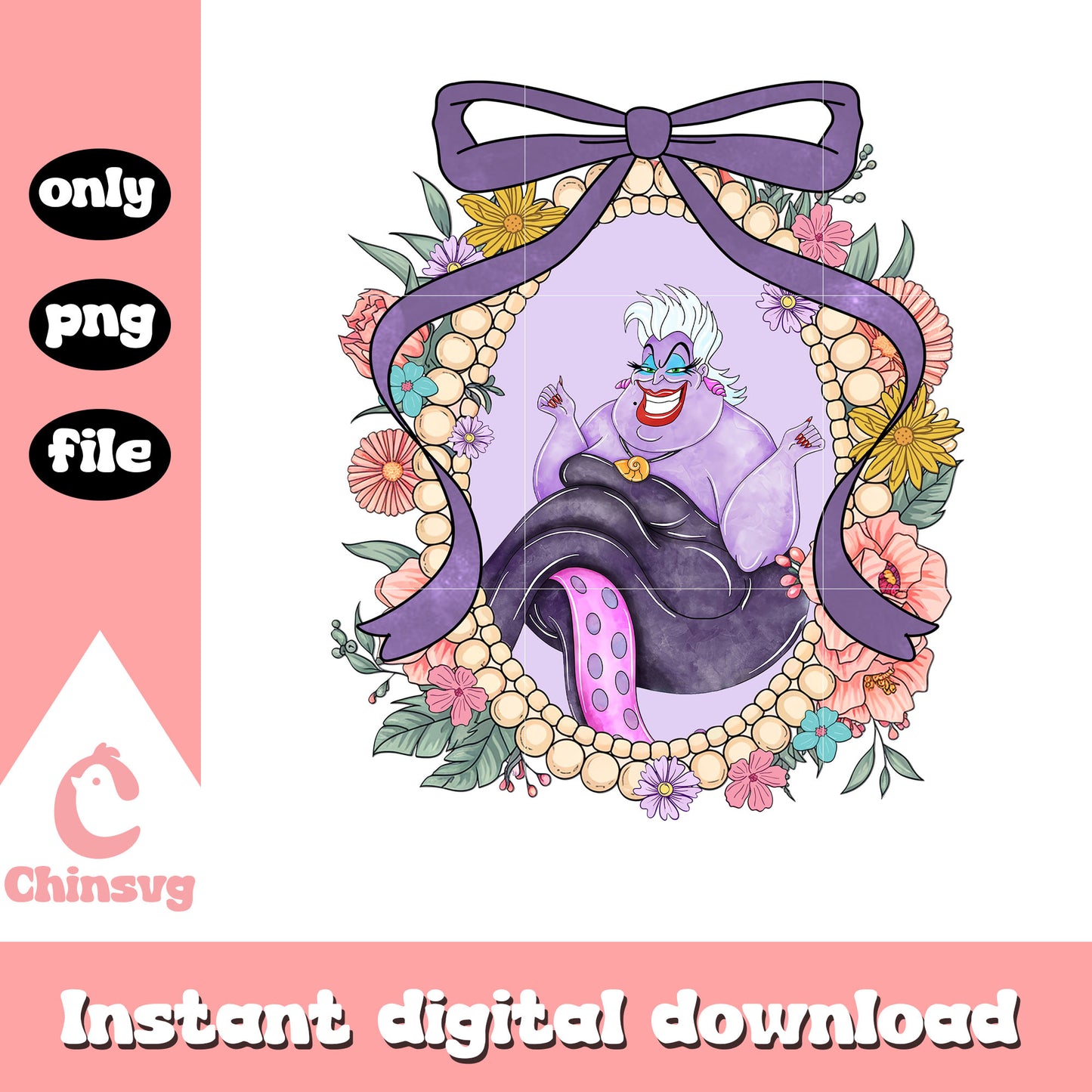 Ursula mirror vintage flowers png, disney character png