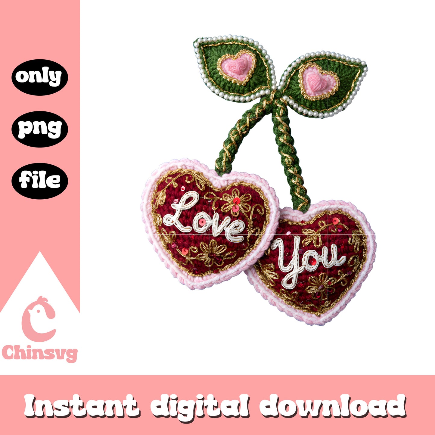 Valentine cherry hearts crochet png, valentines day love png