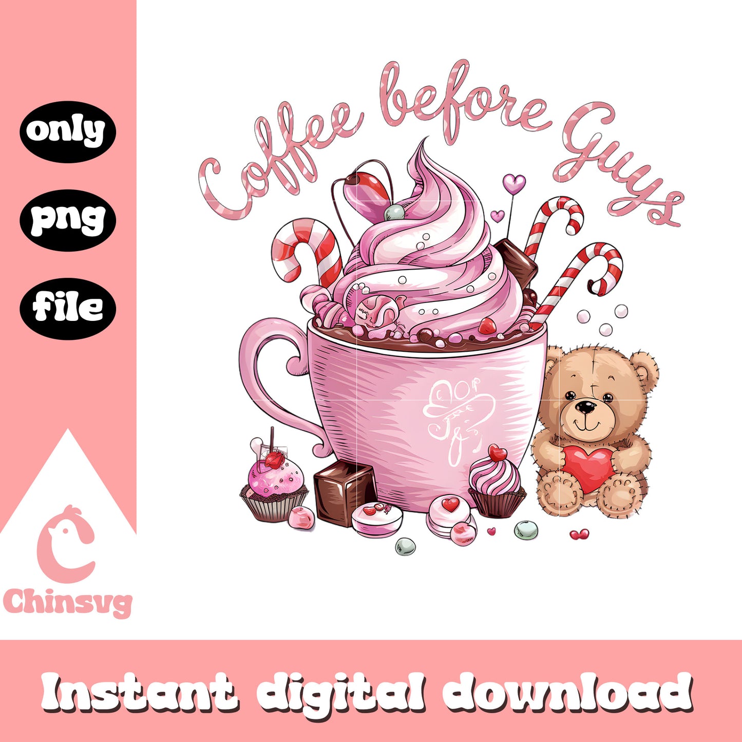Valentine coffee pink bear png, valentines day coffee png