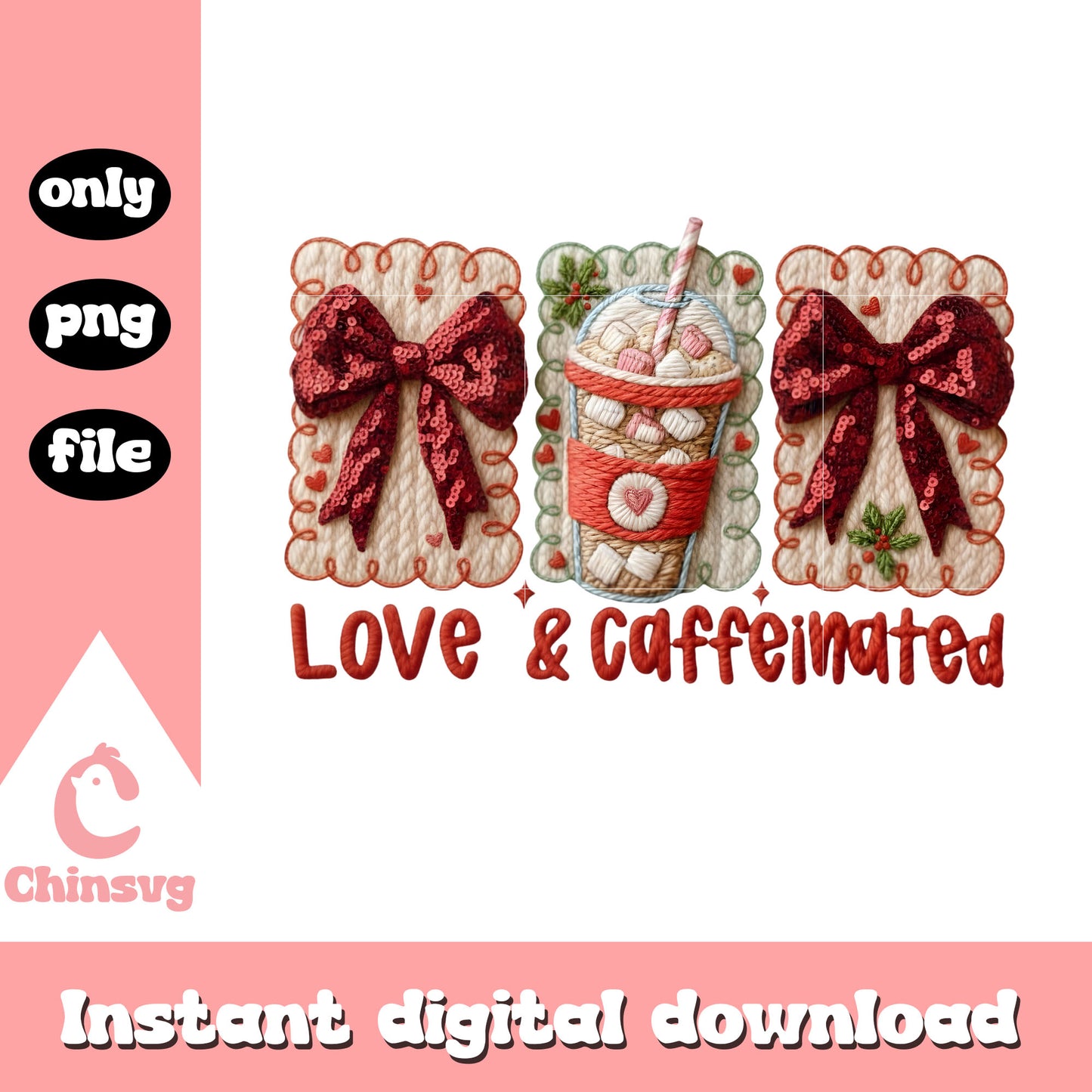 Valentine crochet red coffee png, valentines day bow png