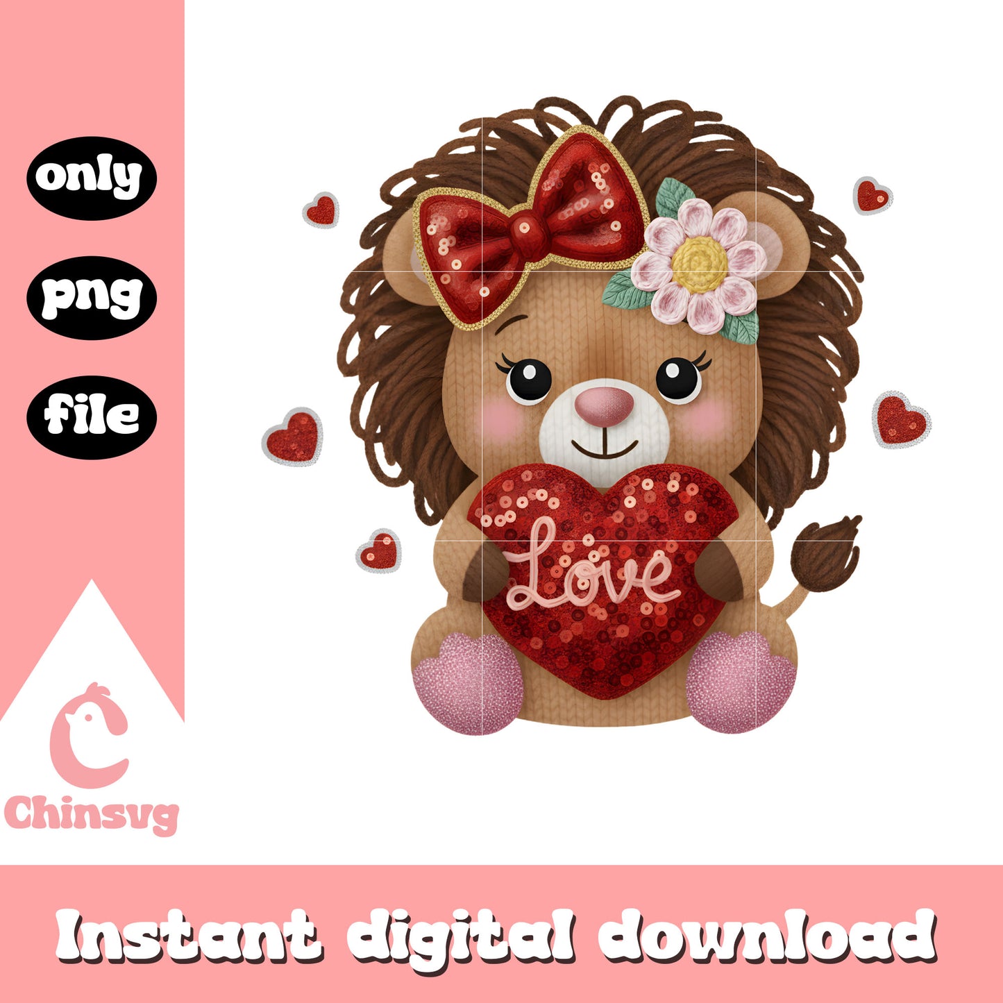 Valentine lion love crochet png, valentines day lion png