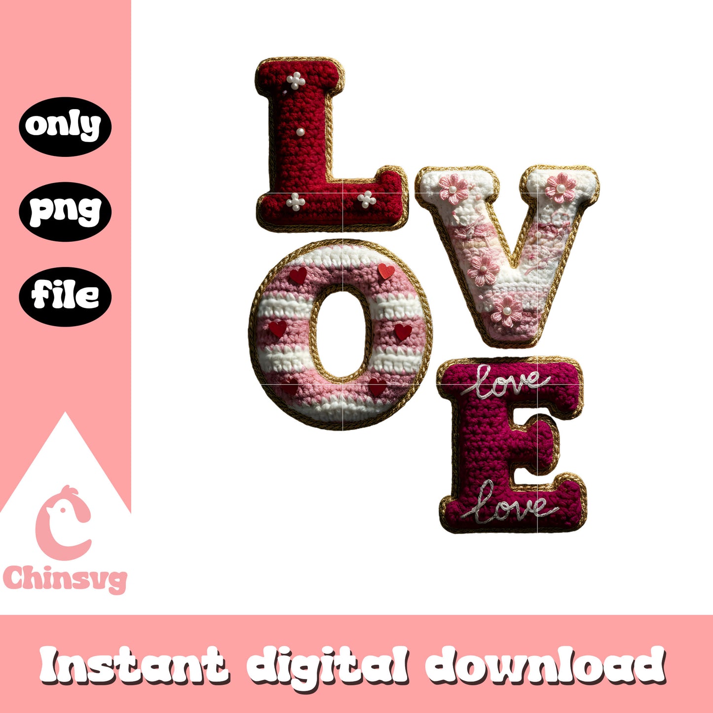 Valentine love crochet flower png, valentines day love png