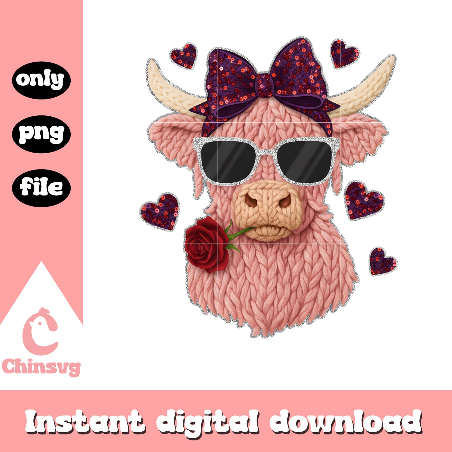 Valentine pink cow crochet png, valentines day cow png