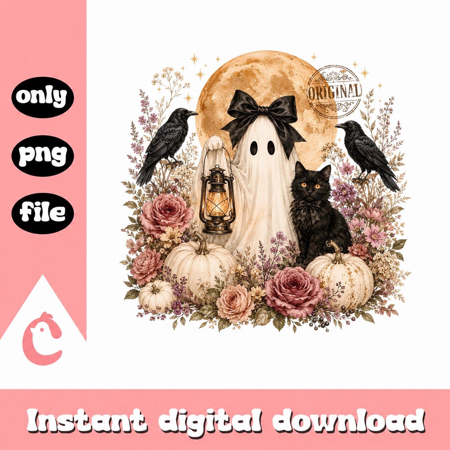 Vintage Halloween Ghost Floral PNG, Black Cat Pumpkin PNG, Halloween PNG