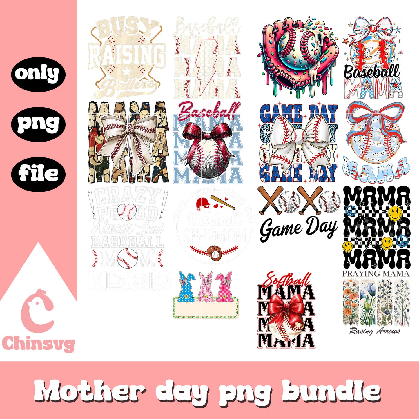 Vintage baseball custume design bundle png, happy mother's day png