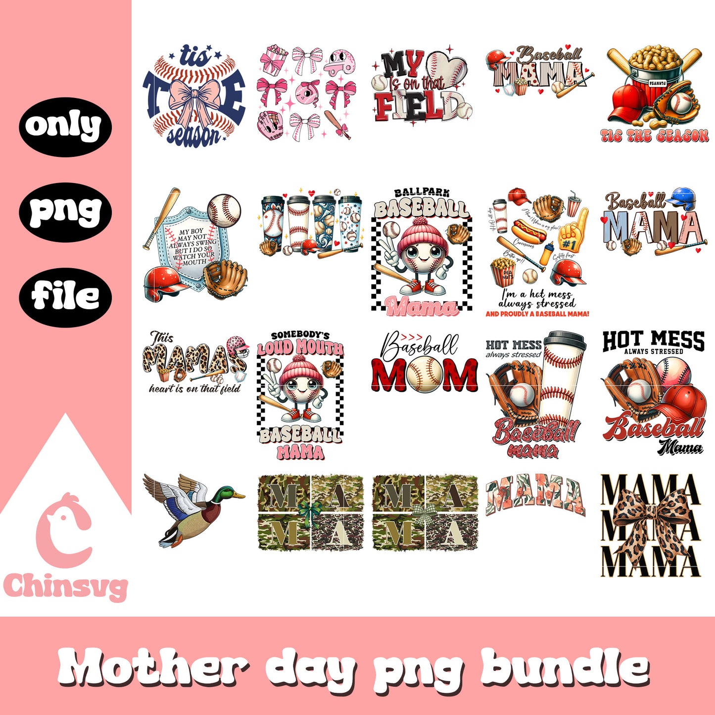 Vintage baseball mama bundle png, happy mother's day png, baseball png
