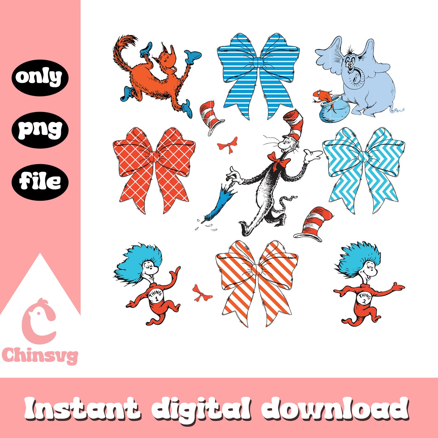 Vintage bow dr seuss character png, cast of dr seuss png, cartoon png
