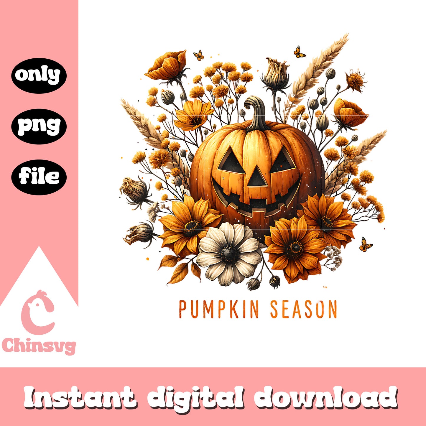 Vintage floral pumpkin season png, pumpkin halloween png