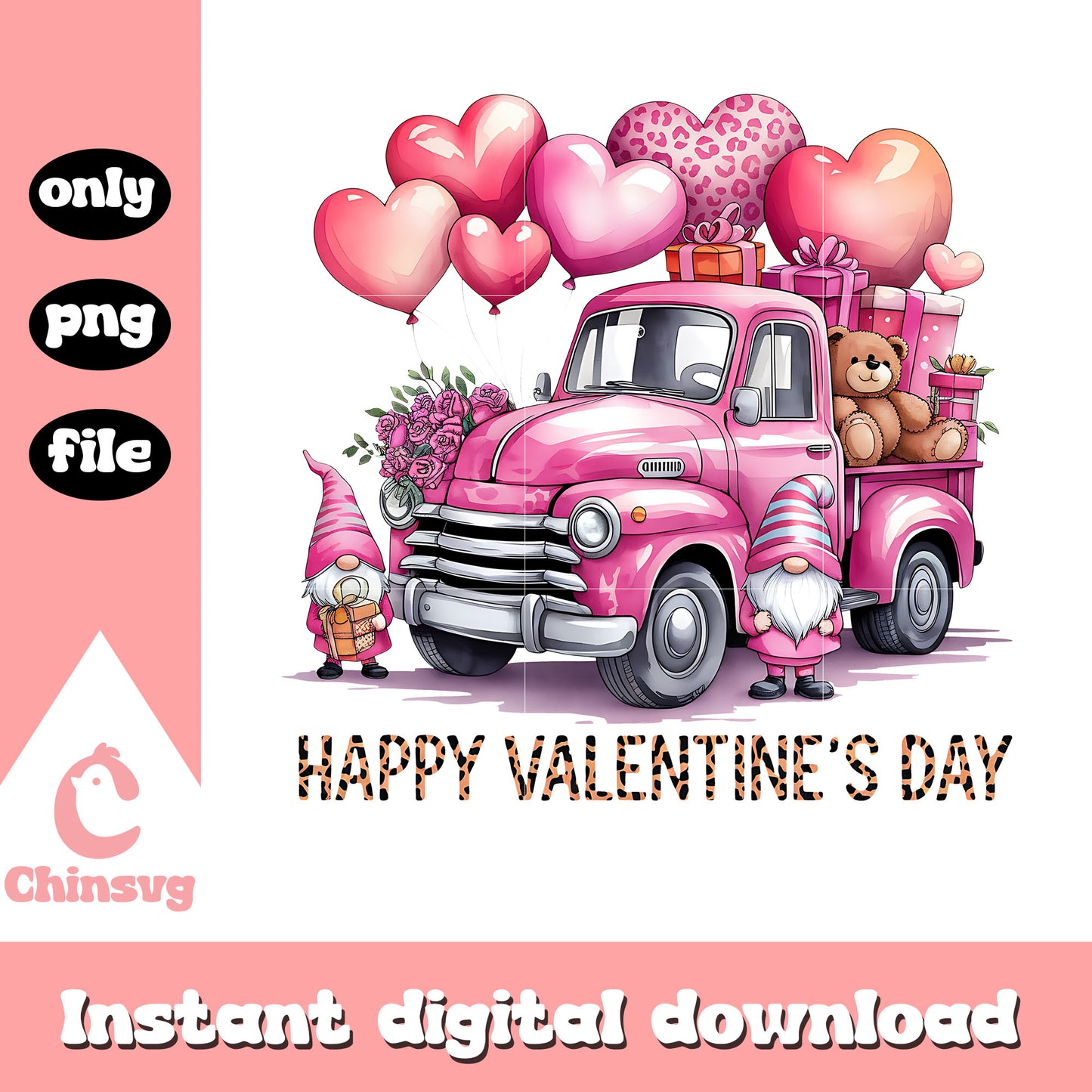 Vintage gnome and truck happy valentine's day png, valentine png