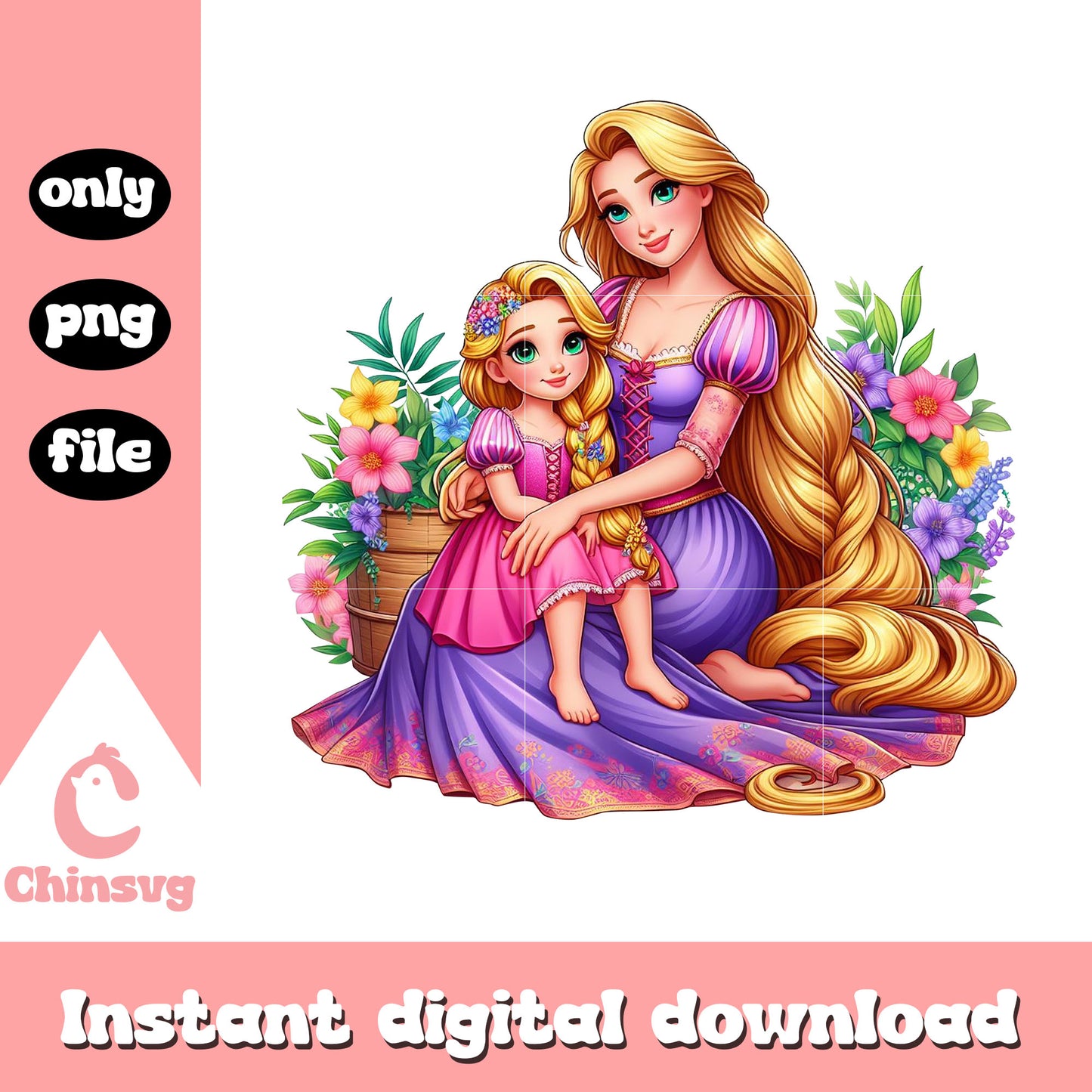 Vintage mom and daughter png, disney princess, rapunzel png