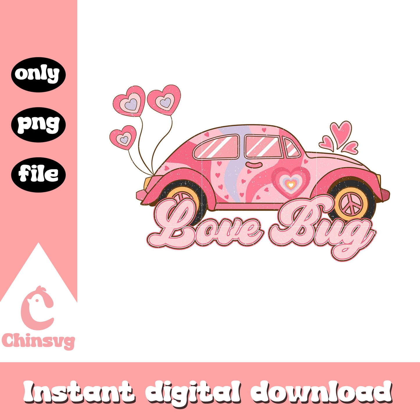 Vintage pink car love bug png, love bugs png, vintage png