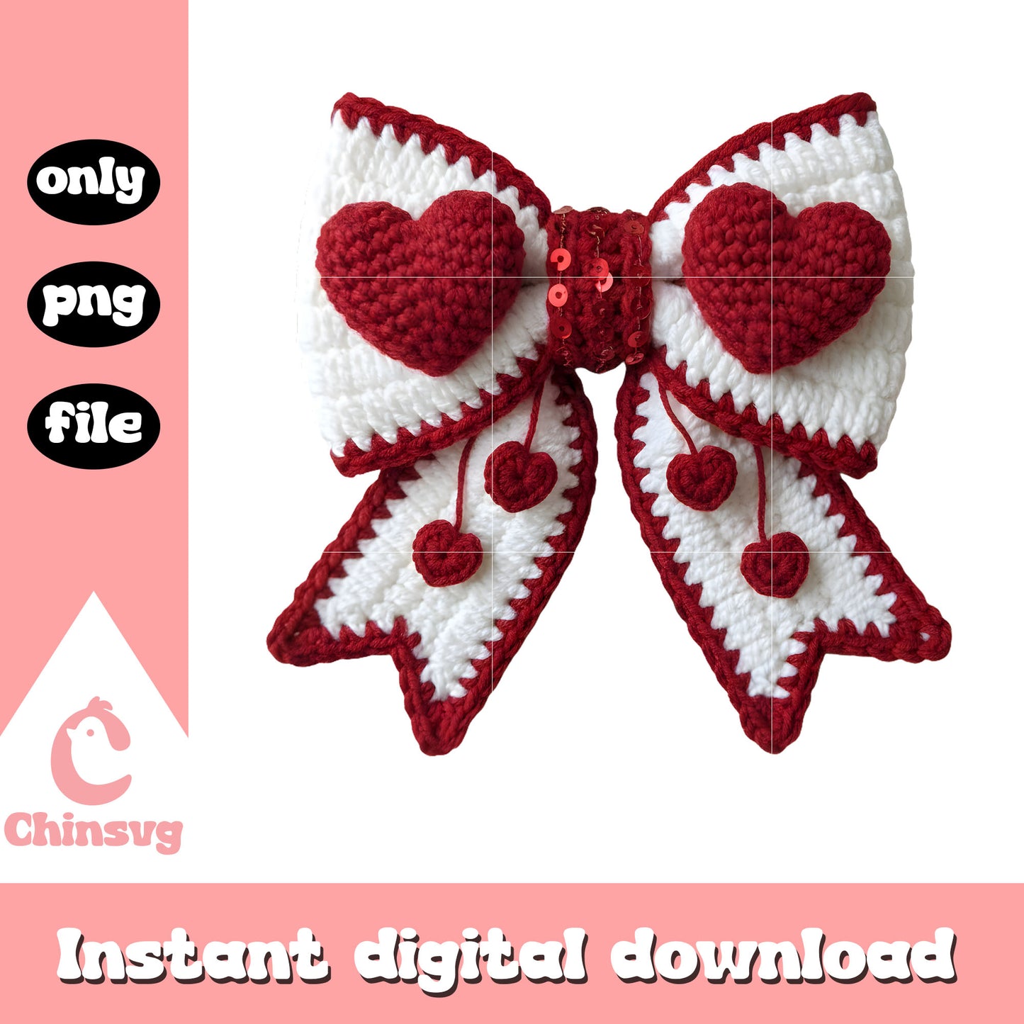 White bow valentine crochet png, valentines day bow png