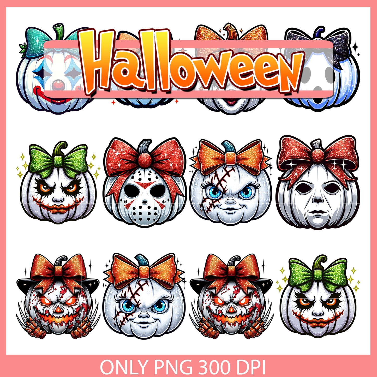 White pumpkin horror halloween bundle png, horror movie faces png