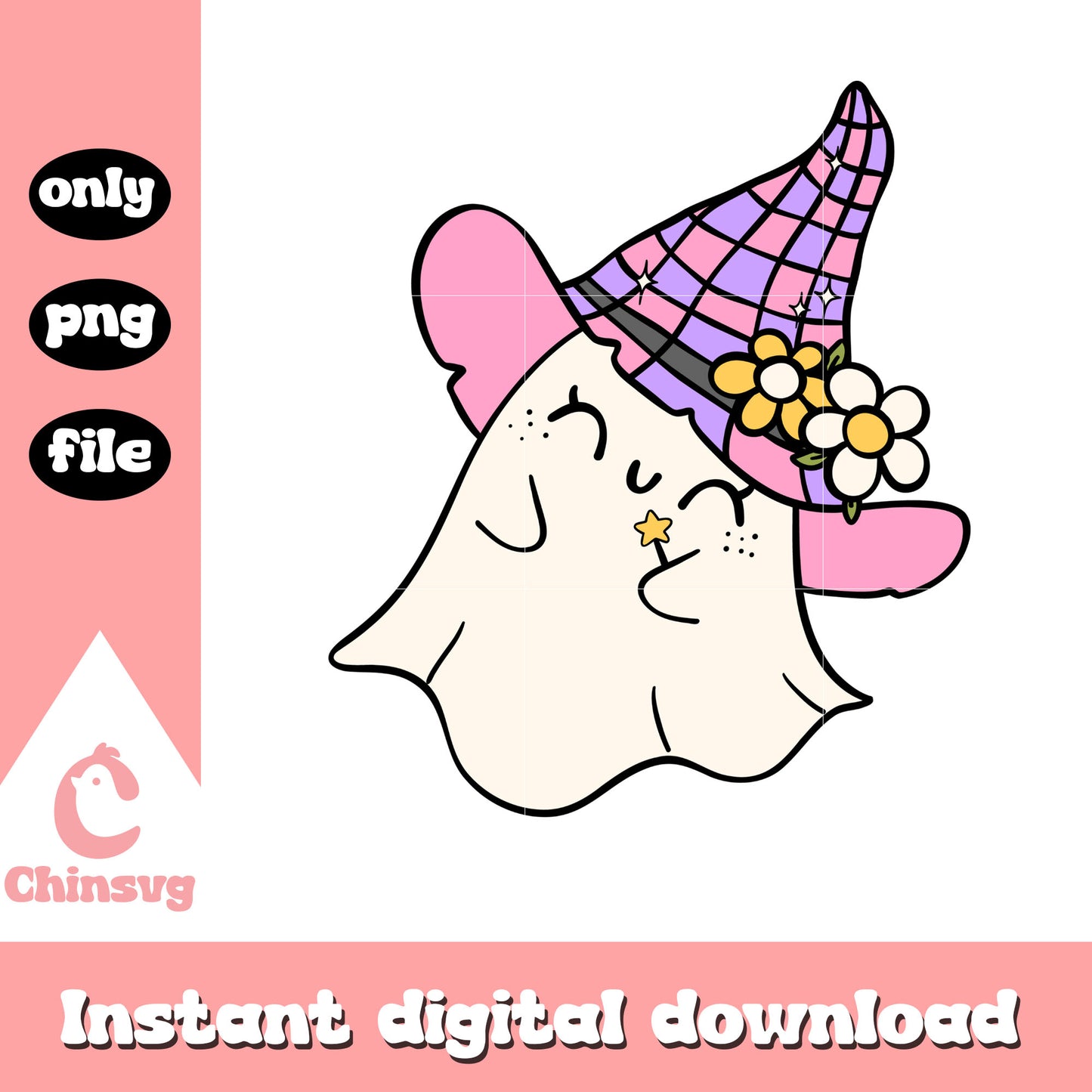 Witch ghost and flower png, halloween drawing ghost png