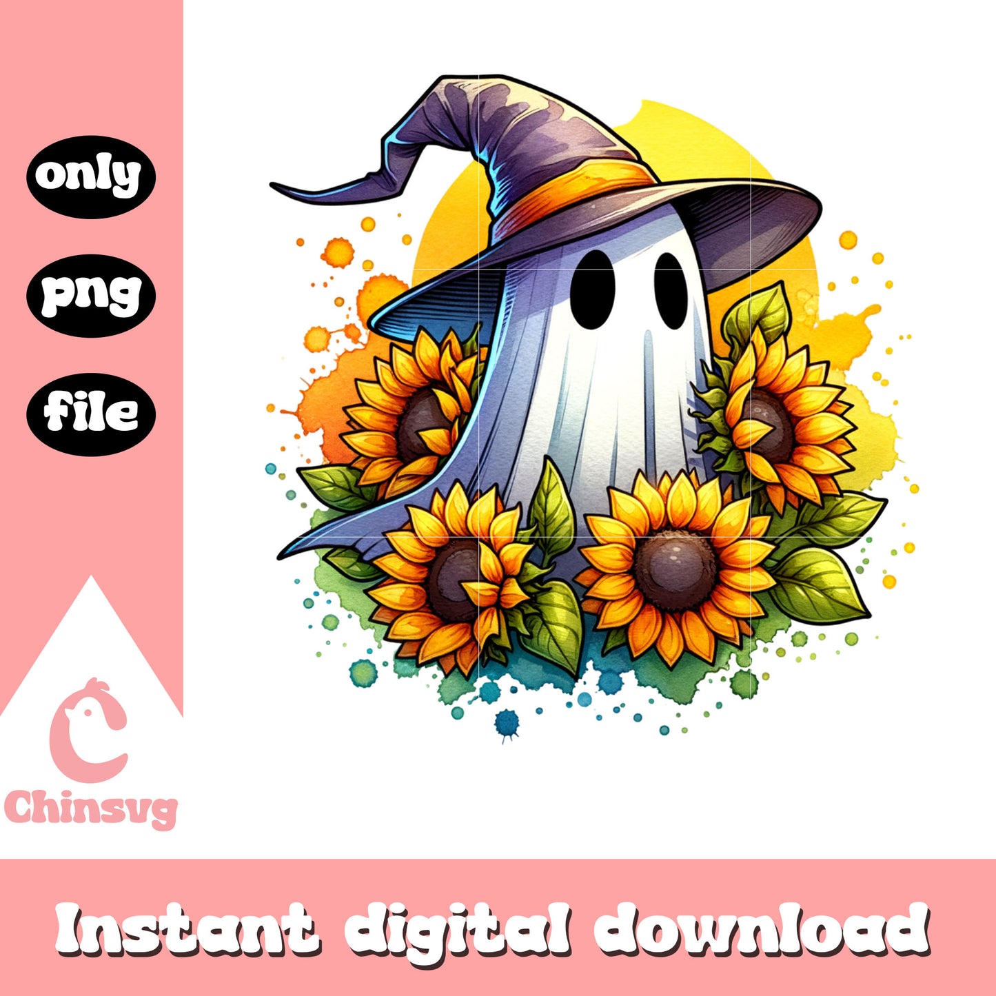 Witch ghost sun flower design png, halloween ghost png