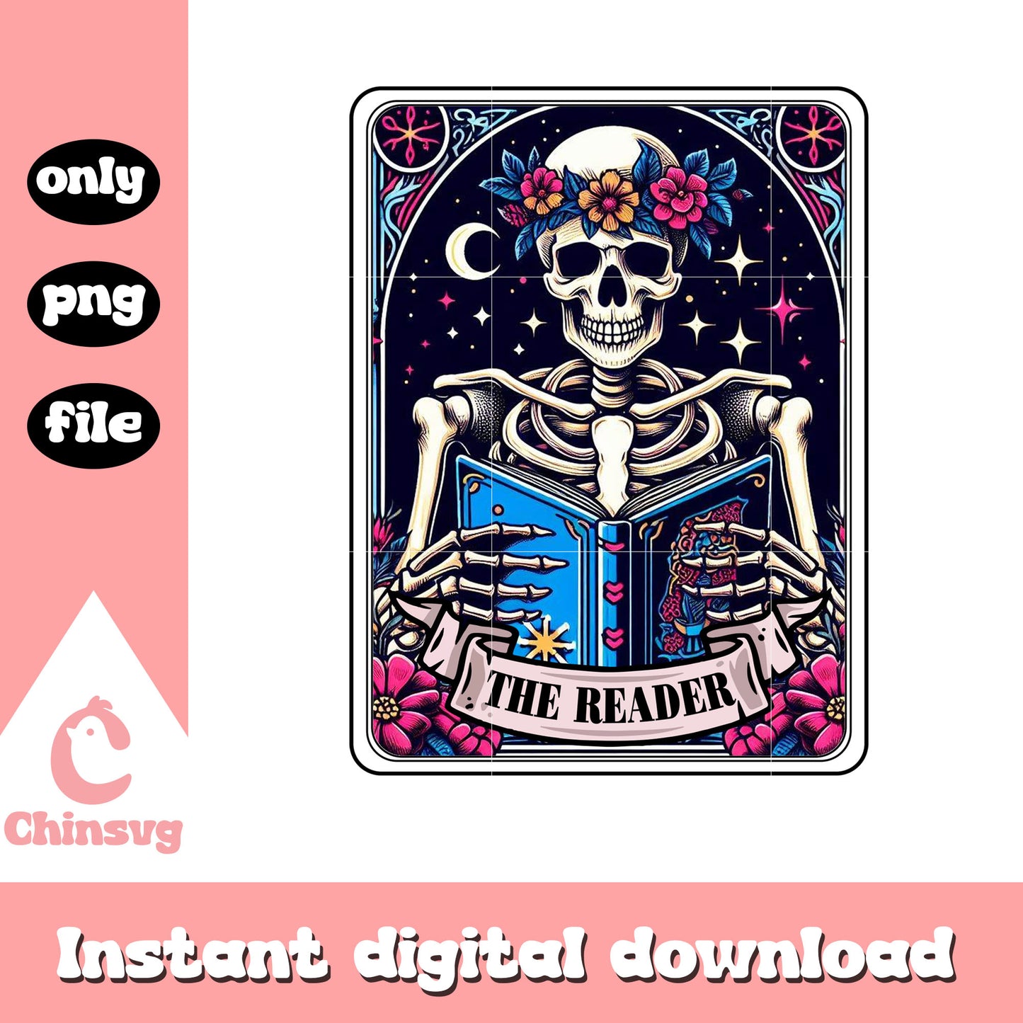 Woman skeleton reading book png, reader tarot card png, tarot png