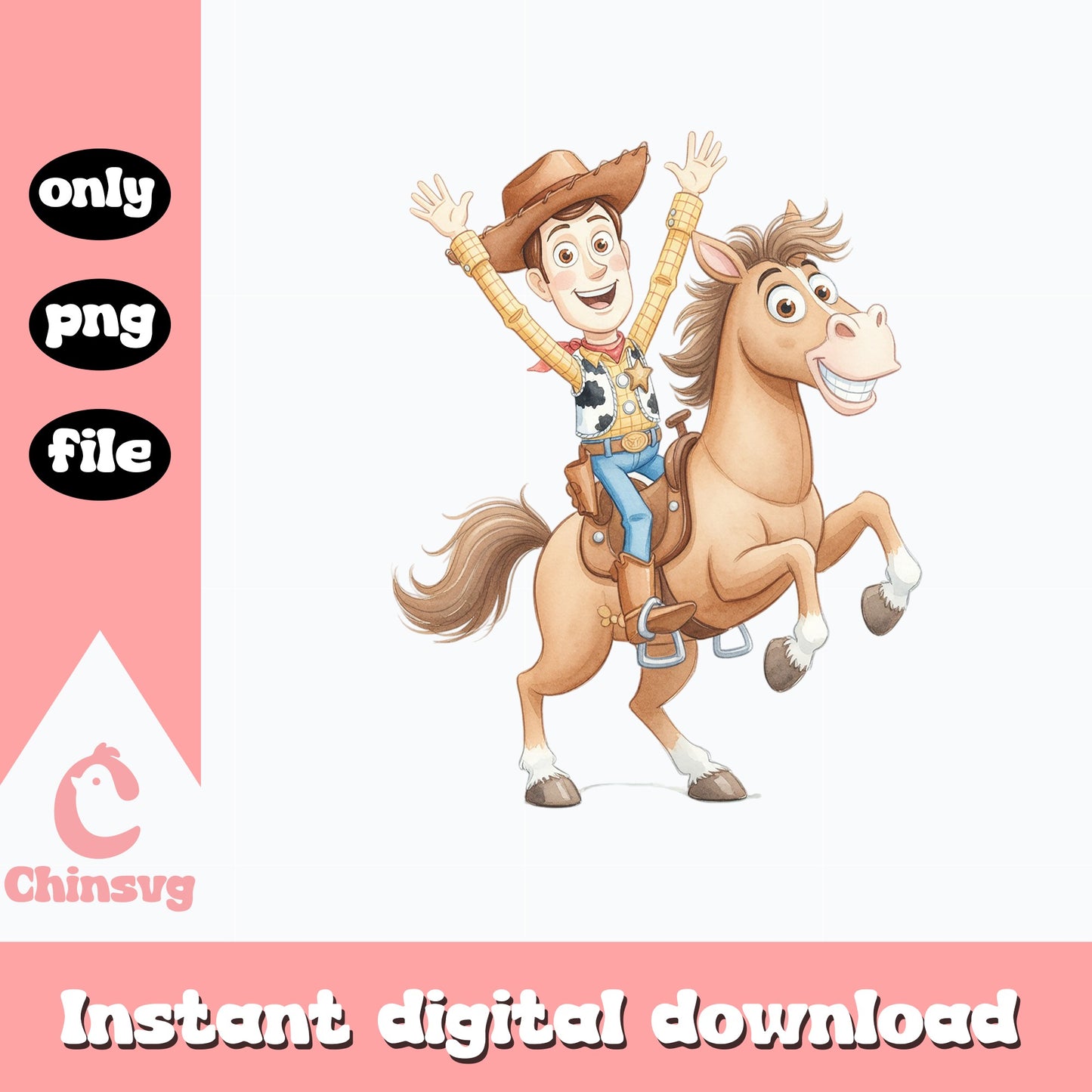 Woody Riding Bullseye Toy Story PNG, Disney Pixar PNG, Cowboy PNG