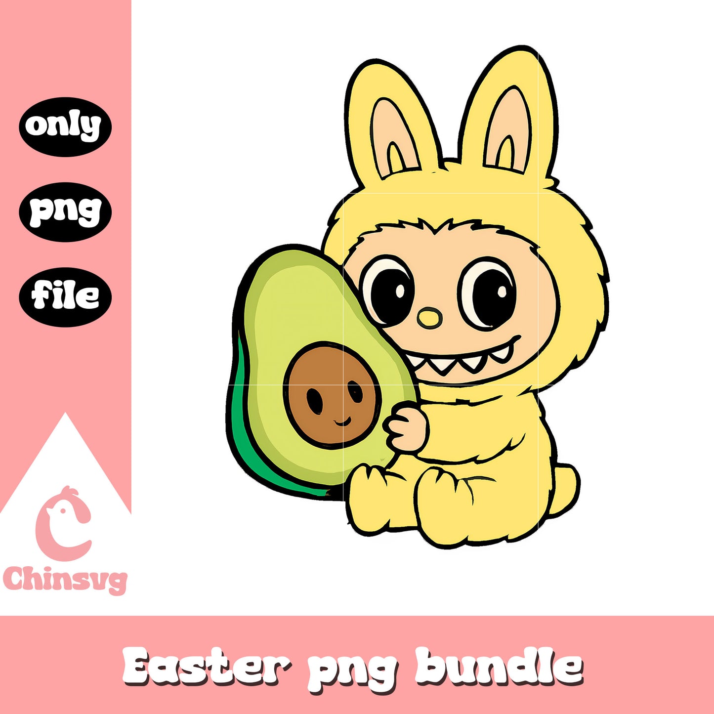 Yellow labubu hand avocado doll design png, baby labubu png