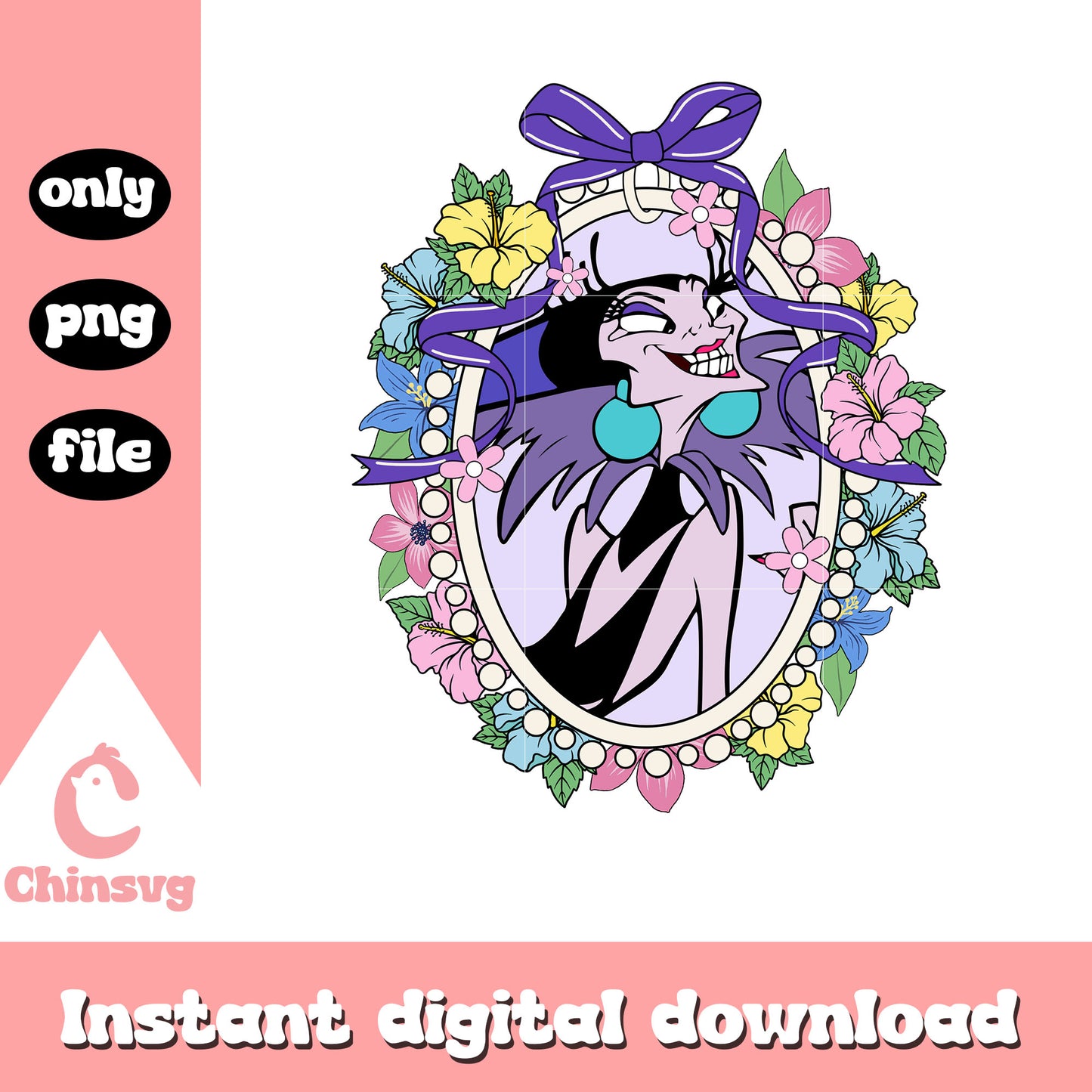 Yzma character mirror floral png, disney characters png, horror png