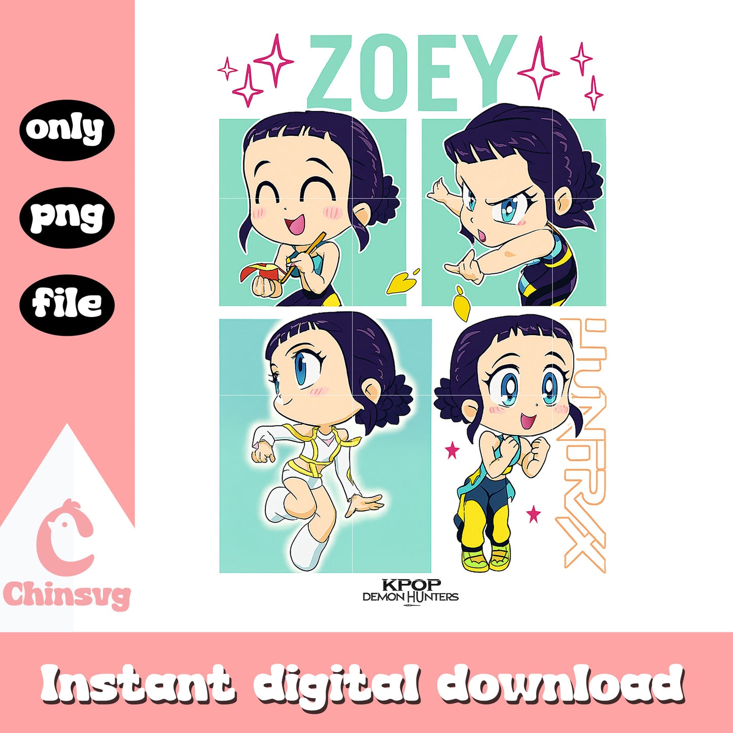 Zoey kpop demon hunters chibi design png, zoey characters png