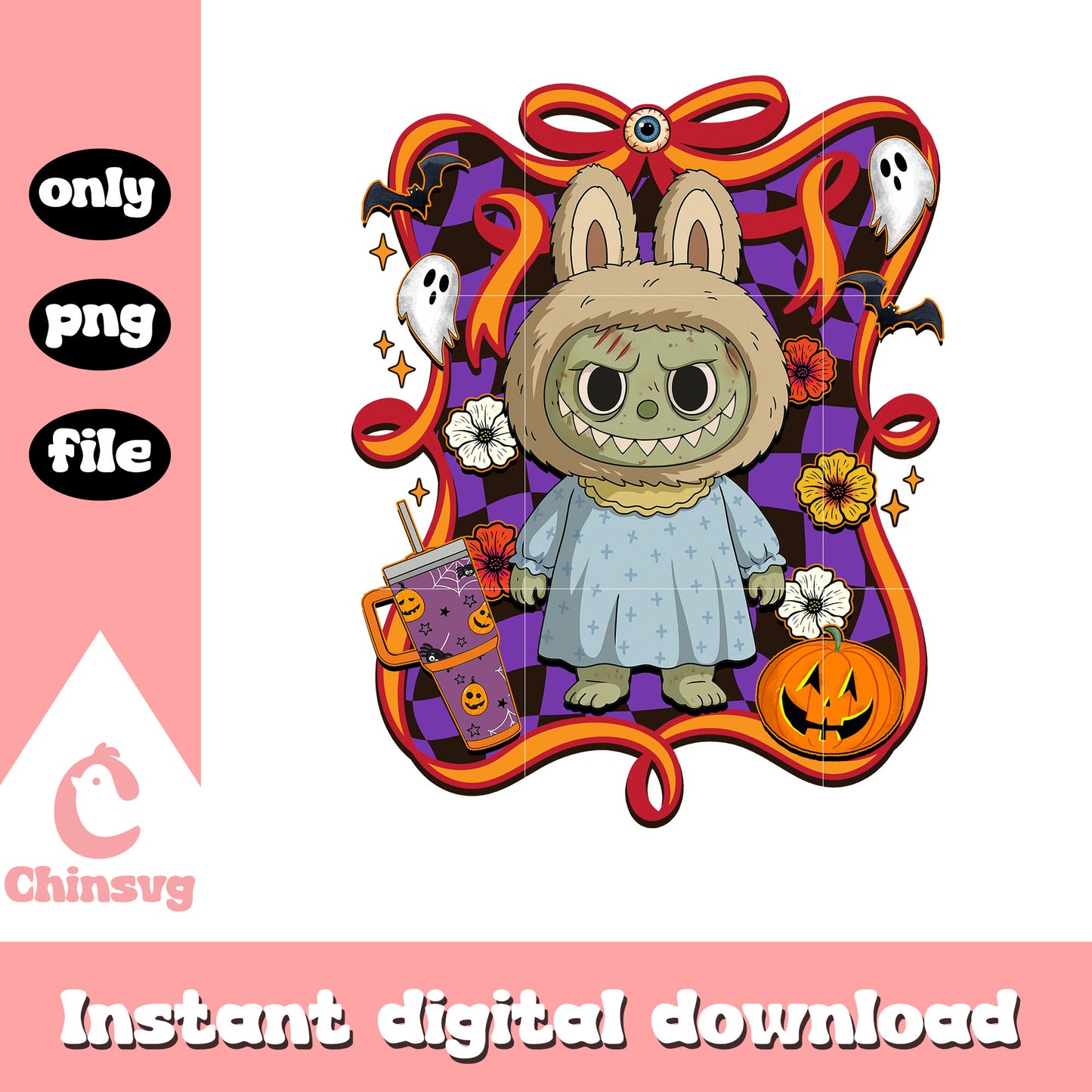 Zombie child halloween labubu bow png, halloween zombie png