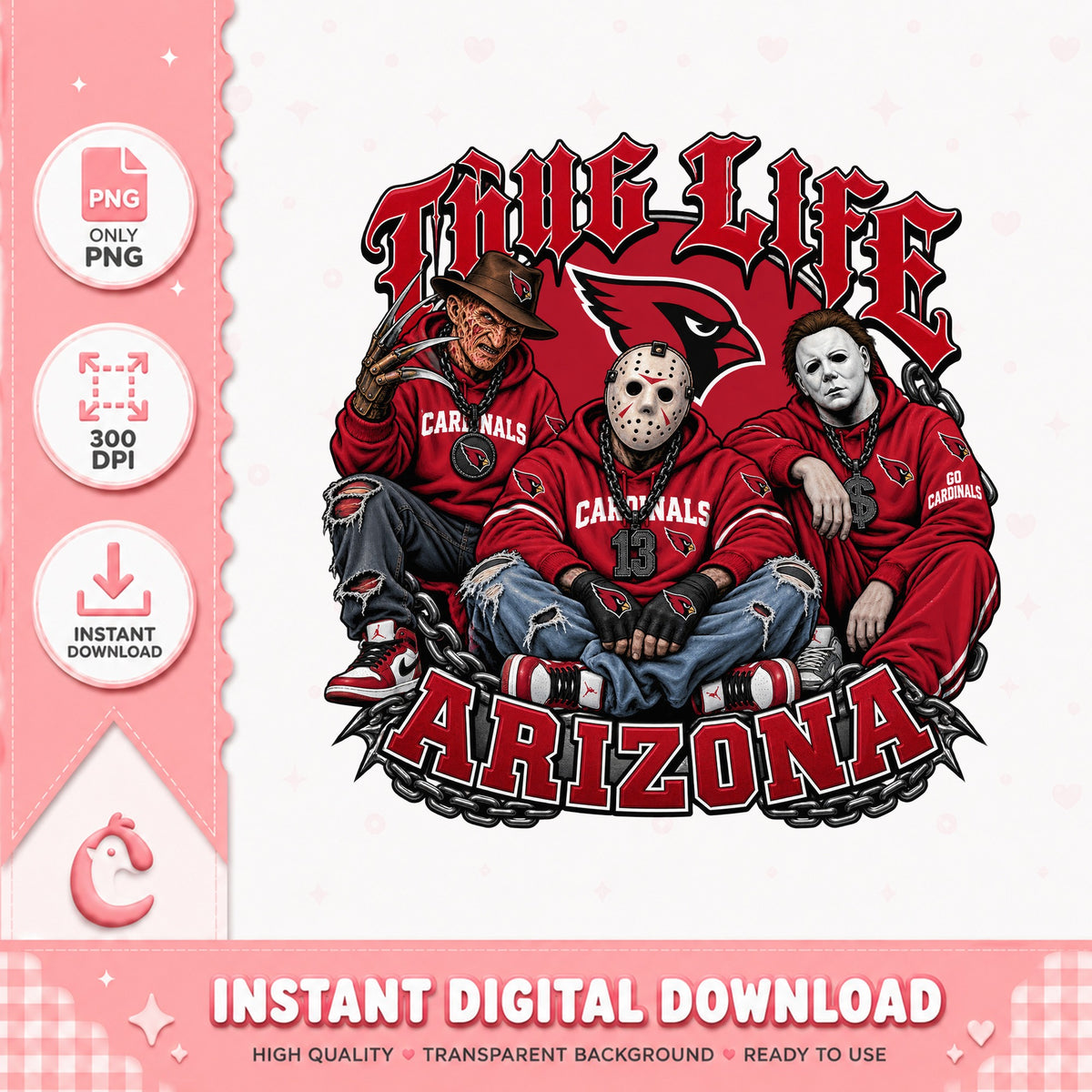 Arizona Cardinals Thug Life Horror Bundle, NFL Football PNG, Halloween PNG