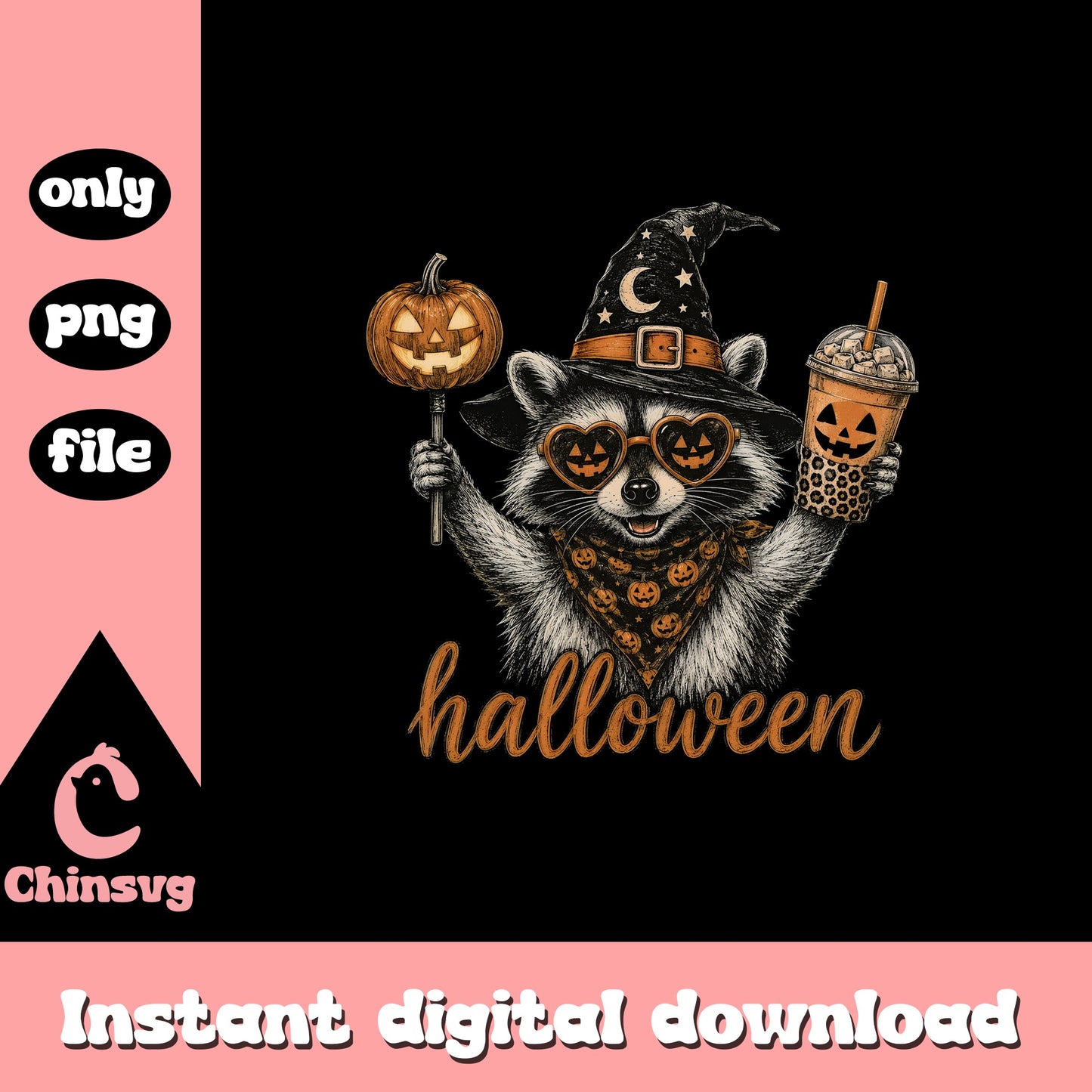 Halloween Raccoon Witch PNG, Spooky Raccoon Pumpkin PNG, Halloween PNG