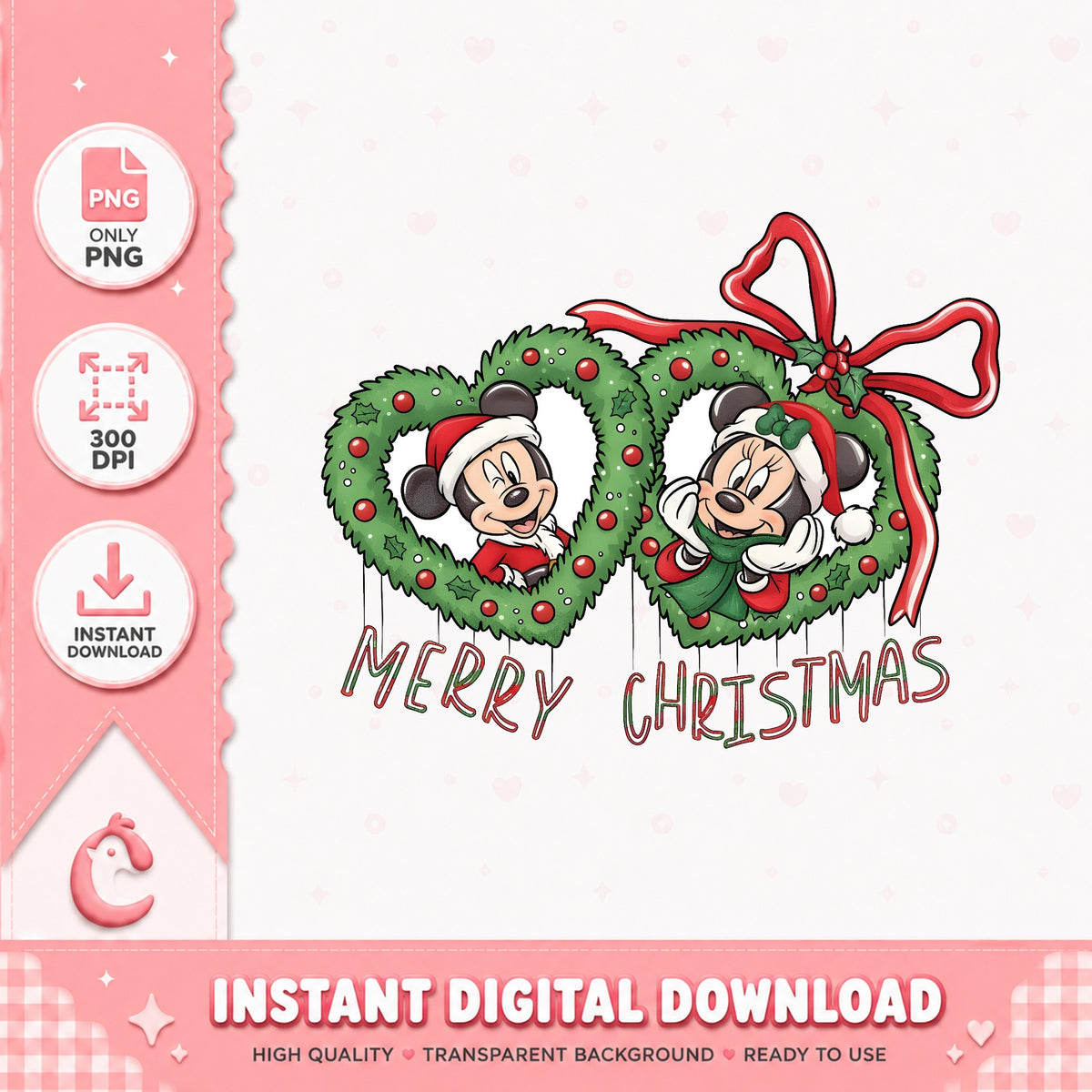 Mickey Minnie Heart Wreaths PNG, Merry Christmas PNG, Red Bow PNG