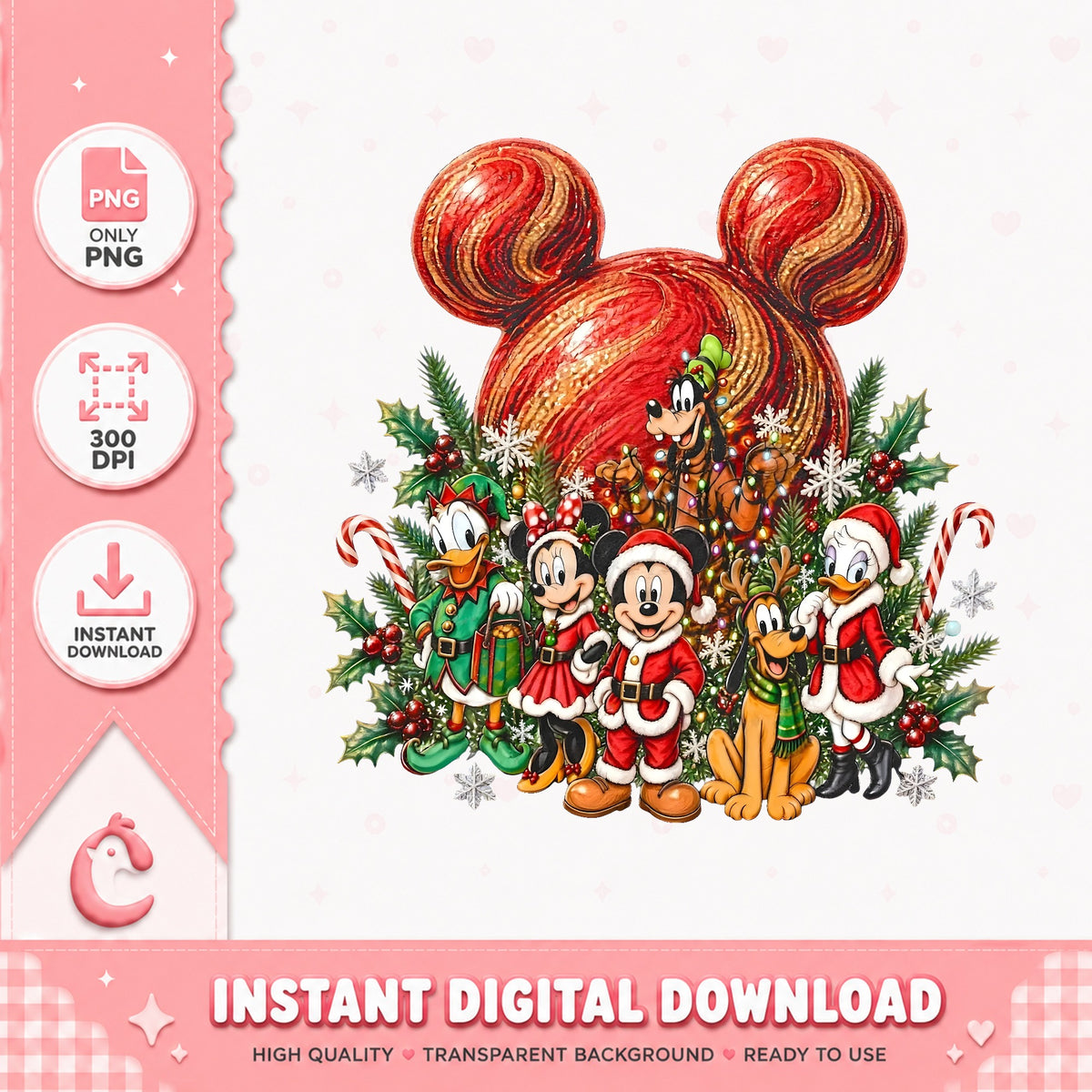 Mickey Ear Ornament Christmas PNG, Santa Mickey Xmas PNG, Holly PNG