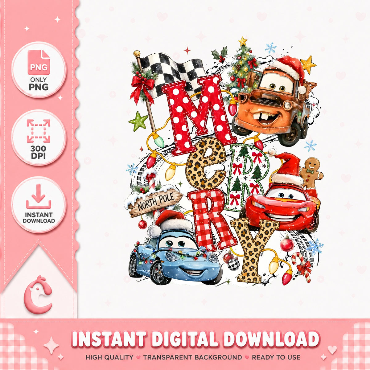 Merry Lightning McQueen Christmas PNG, Cars Xmas PNG, Mater Sally PNG