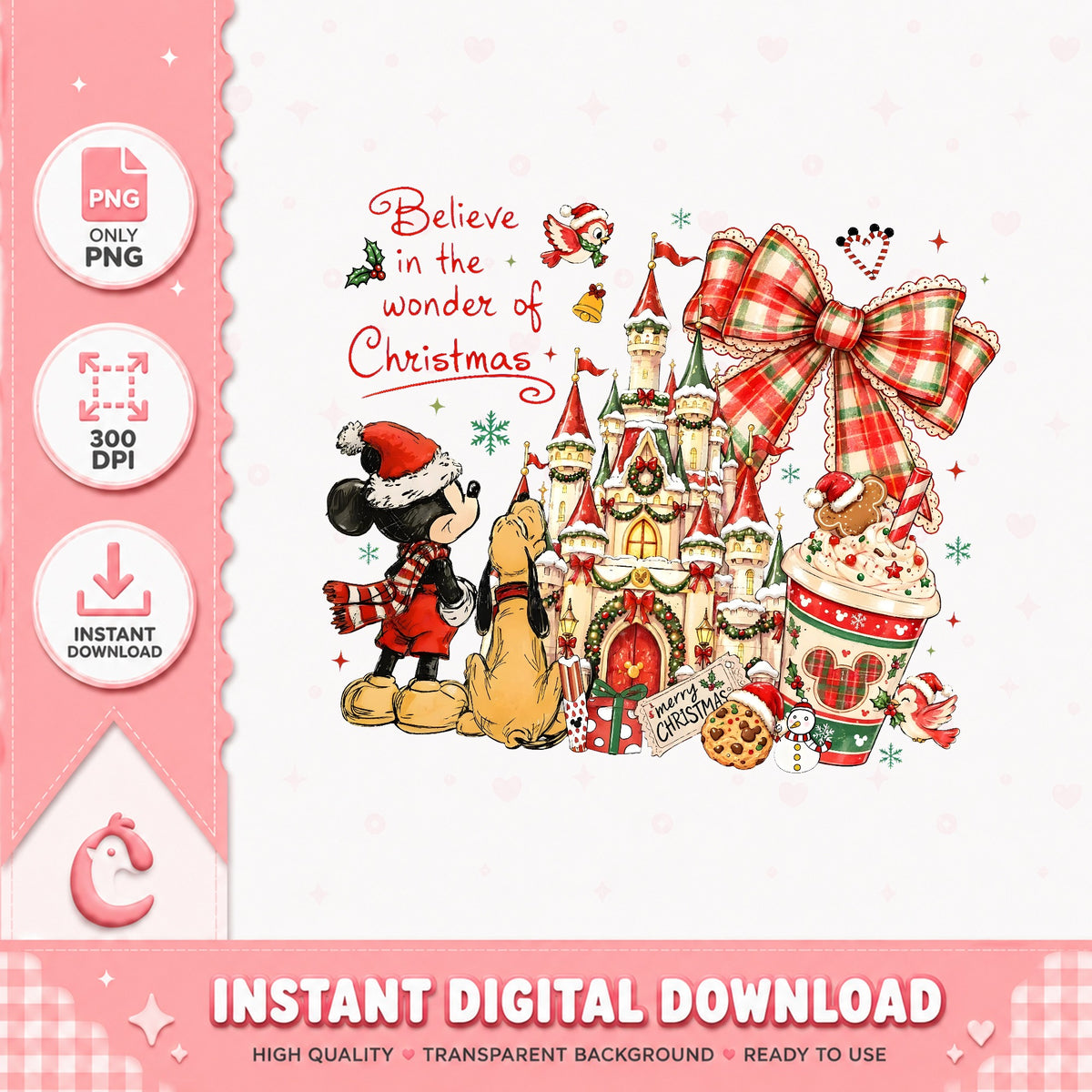 Believe In The Wonder Of Christmas PNG, Mickey Castle PNG, Bow PNG