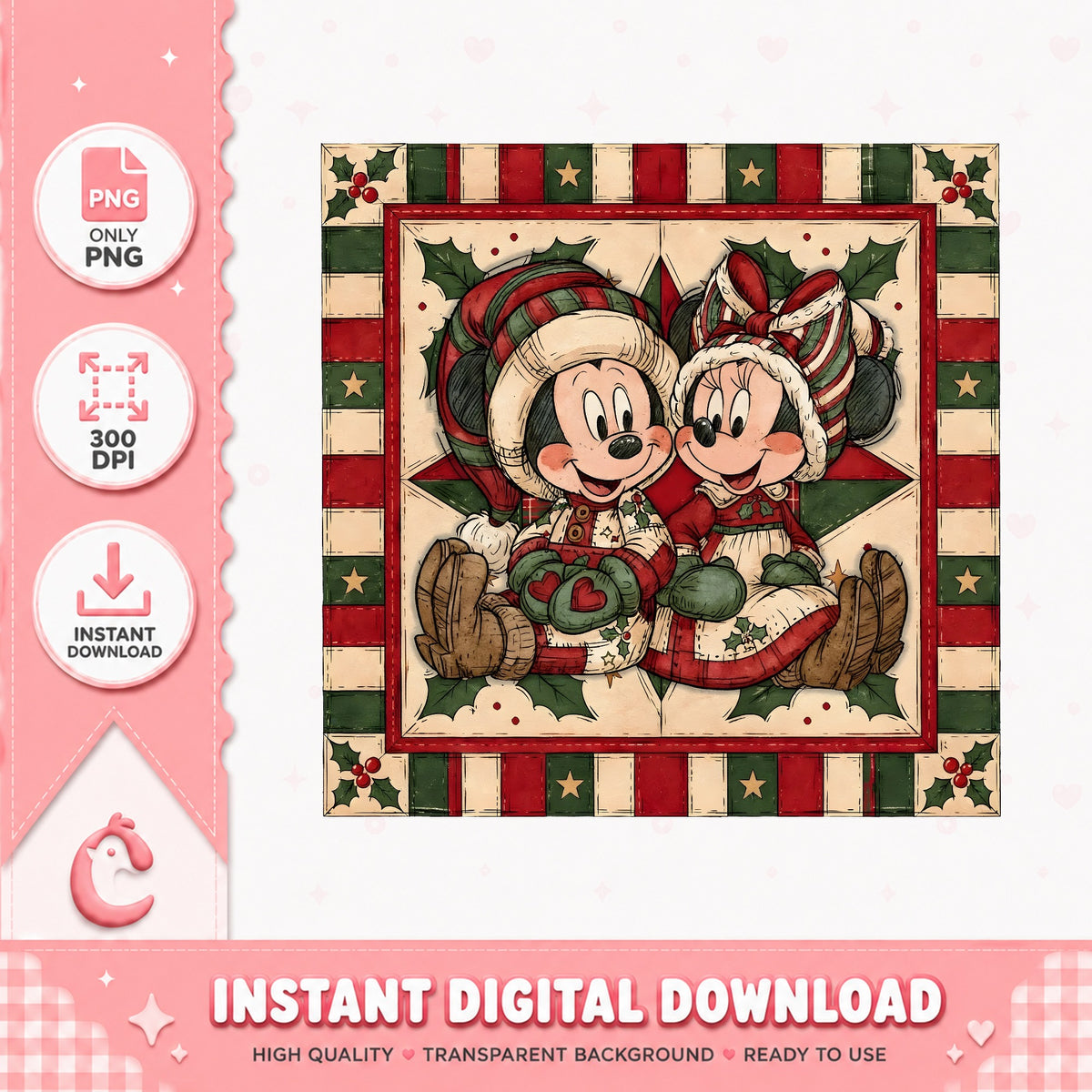 Mickey Minnie Christmas Quilt PNG, Vintage Disney PNG, Patchwork PNG