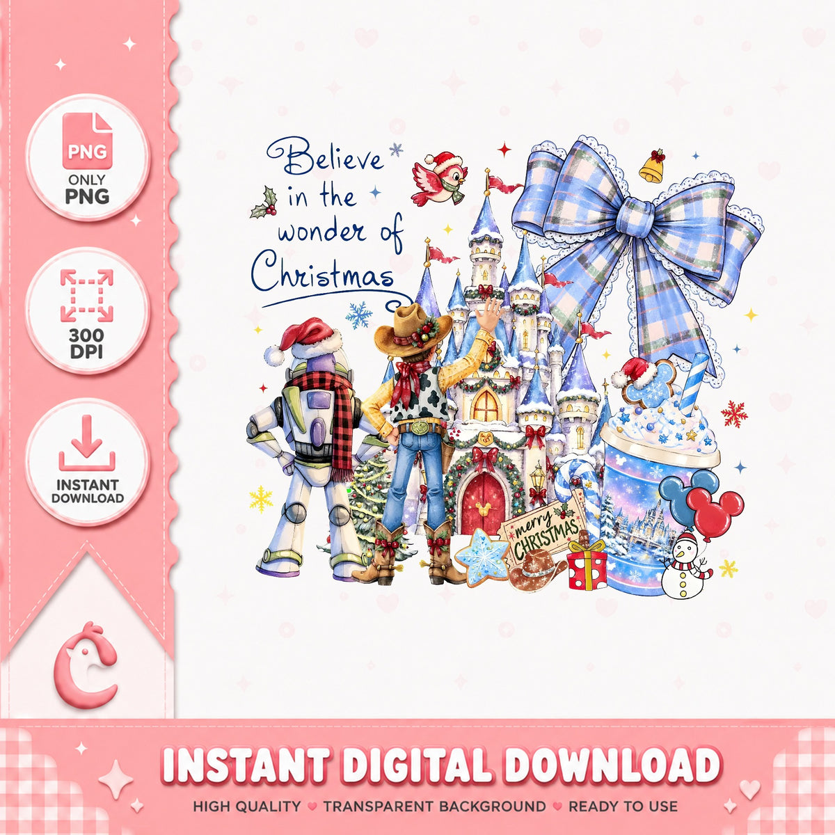 Toy Story Believe Christmas Castle PNG, Buzz Woody PNG, Blue Bow PNG