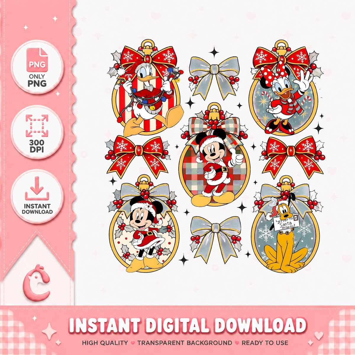 Mickey Friends Christmas Ornaments PNG, Coquette Bow PNG, Xmas PNG