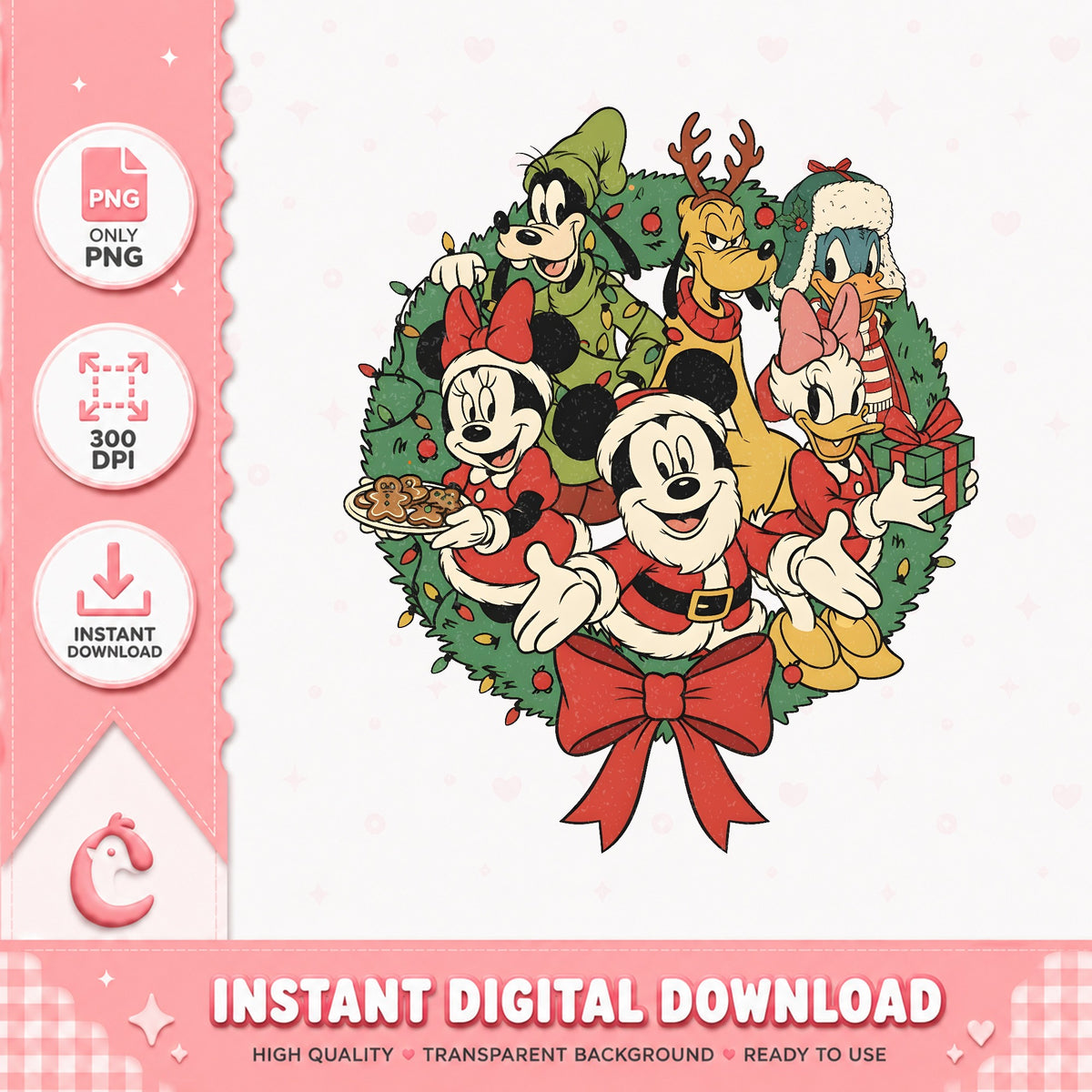 Mickey Friends Wreath PNG, Vintage Christmas PNG, Red Bow Santa PNG