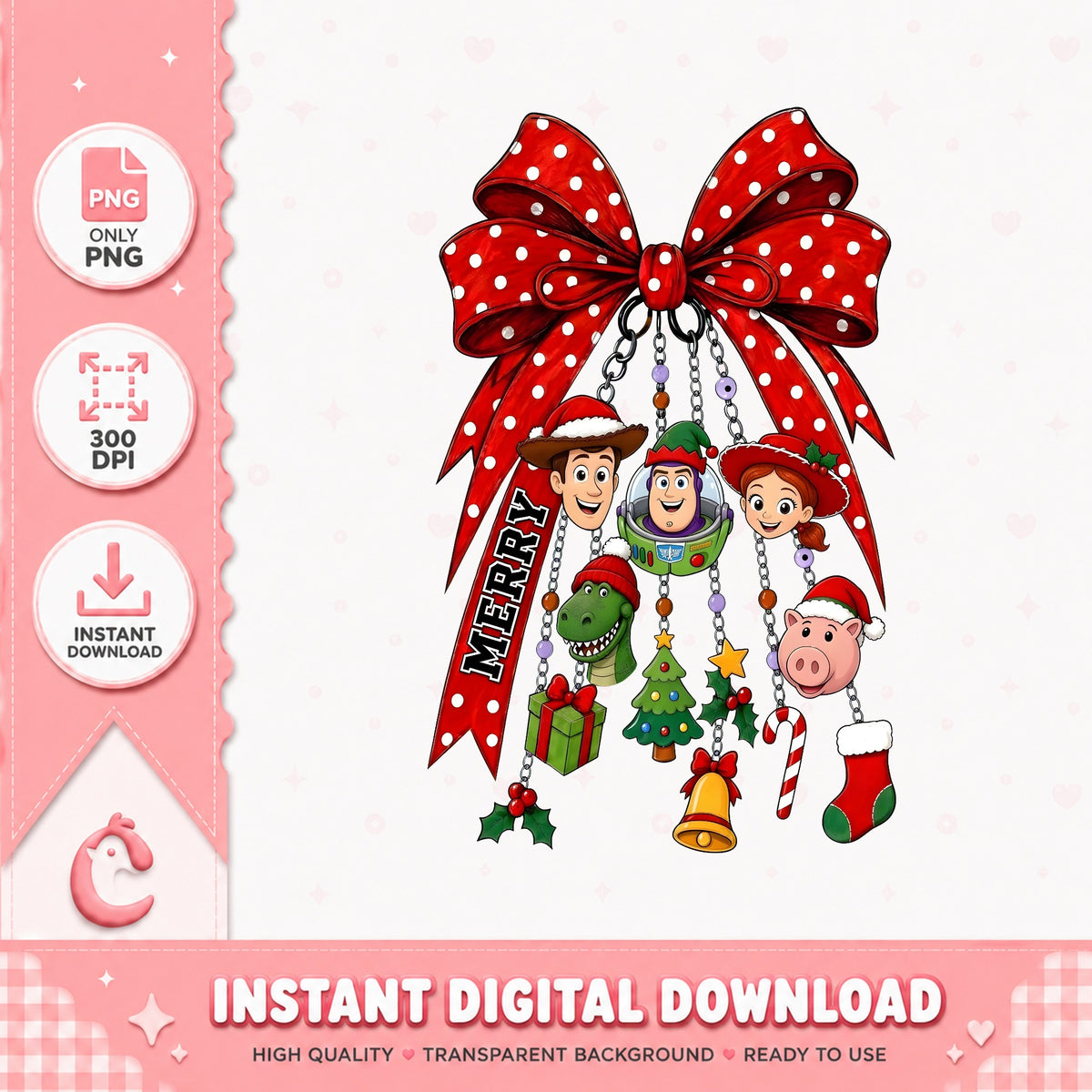Toy Story Merry Polka Dot Bow PNG, Buzz Woody Xmas PNG, Coquette PNG