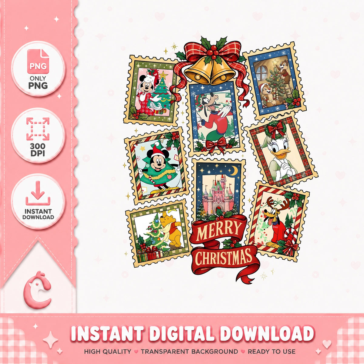 Disney Christmas Postage Stamps PNG, Mickey Xmas PNG, Retro Stamp PNG