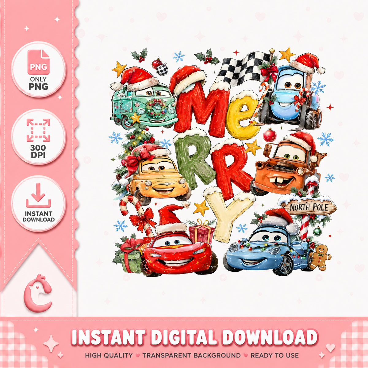 Merry Cars Christmas PNG, Lightning McQueen Mater PNG, North Pole PNG