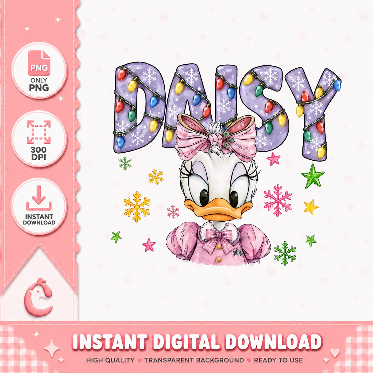 Daisy Duck Christmas Name PNG, Pink Bow Daisy PNG, Snowflake PNG