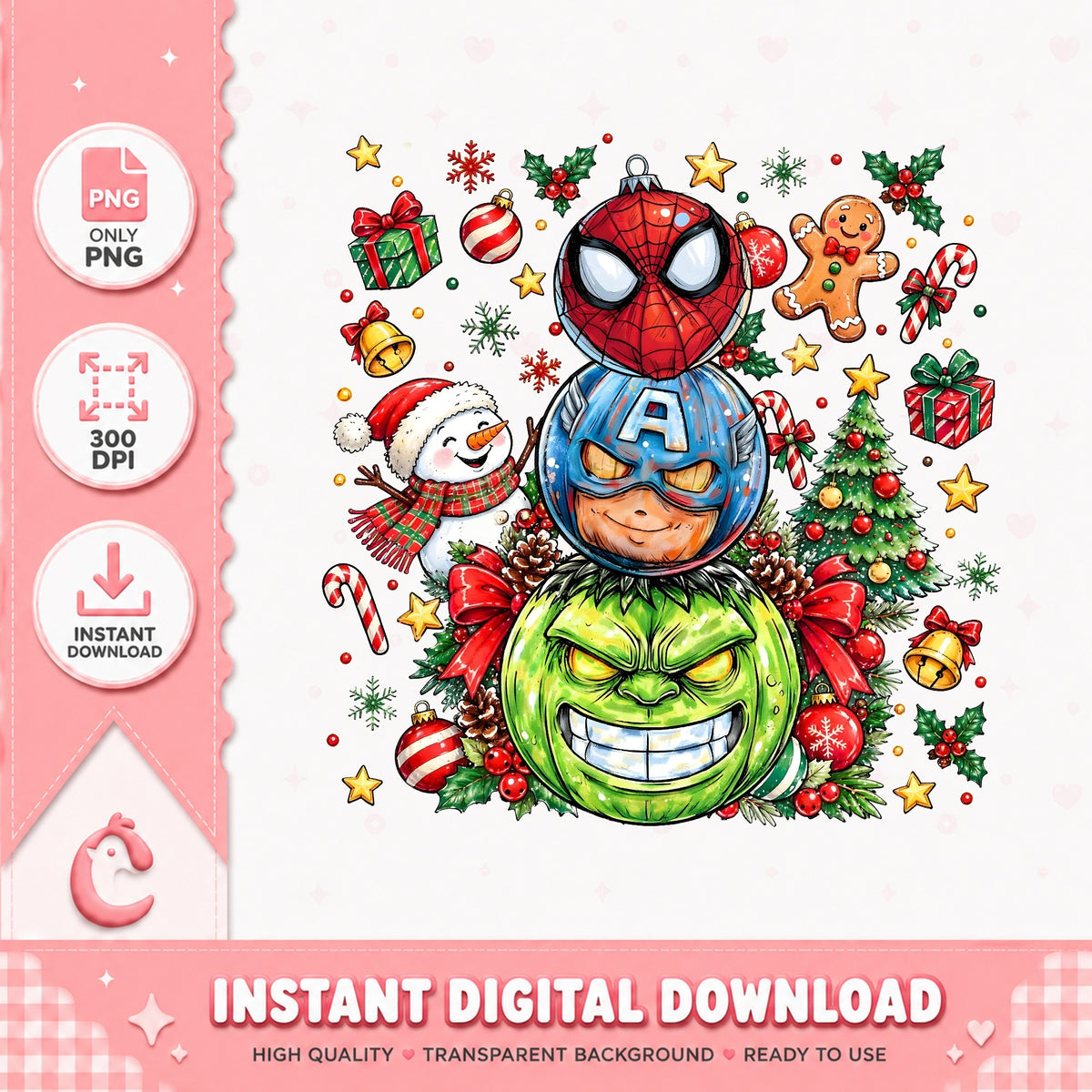 Avengers Christmas Ornaments PNG, Spiderman Xmas PNG, Hulk Captain PNG