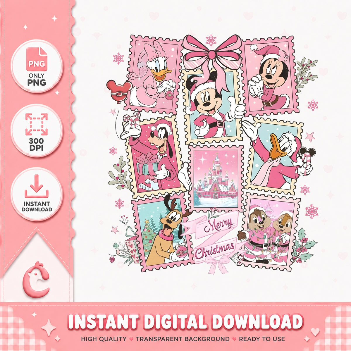Pink Mickey Friends Stamps PNG, Pink Castle PNG, Merry Christmas PNG