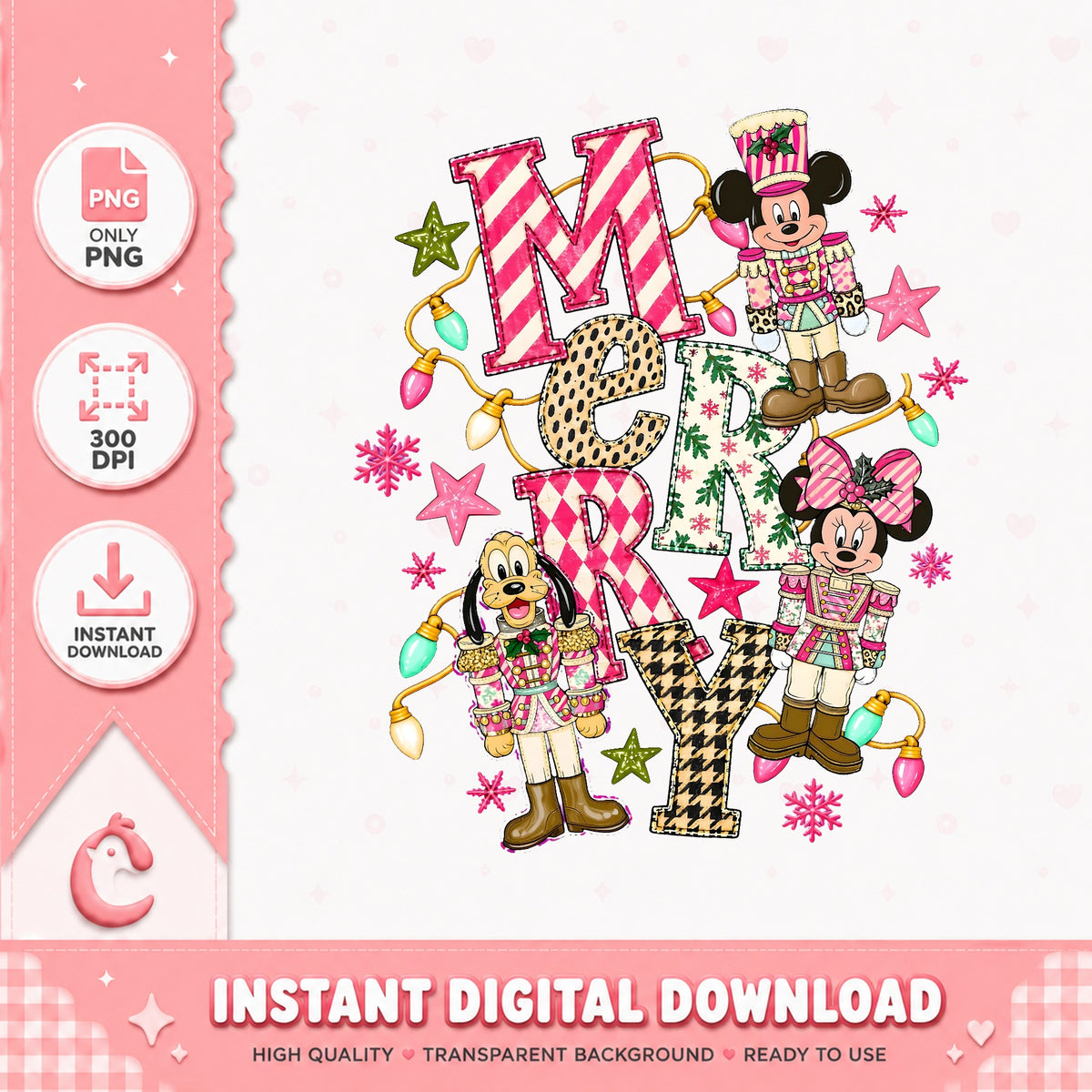 Merry Mickey Nutcracker Christmas PNG, Pink Xmas PNG, Minnie Pluto PNG