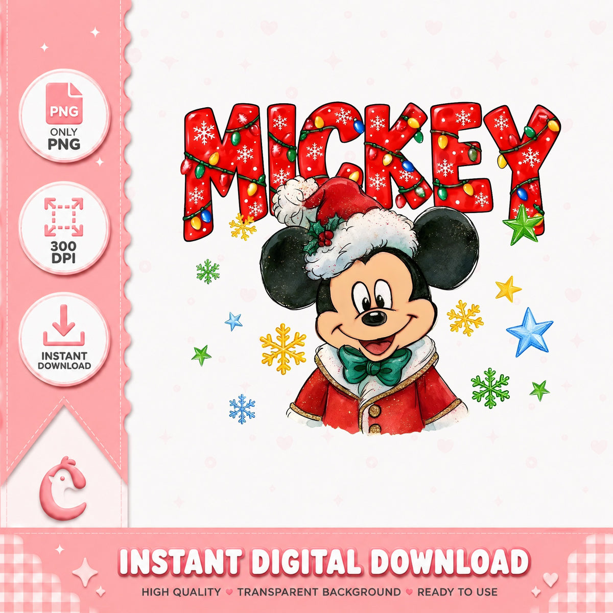 Mickey Christmas Name PNG, Santa Mickey Mouse PNG, Lights Xmas PNG