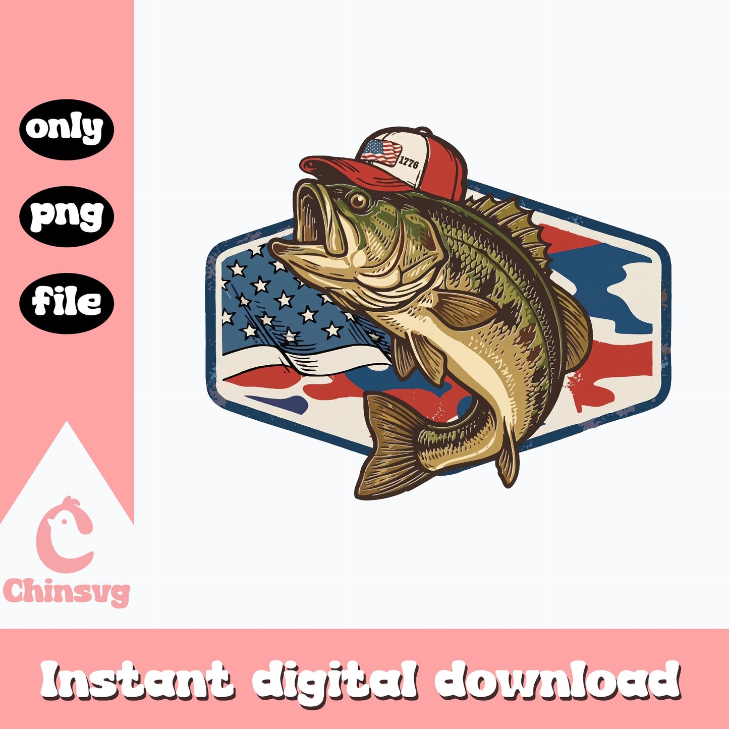 4th Of July Bass Fishing PNG, American Flag Fishing PNG, Patriotic Fish PNG